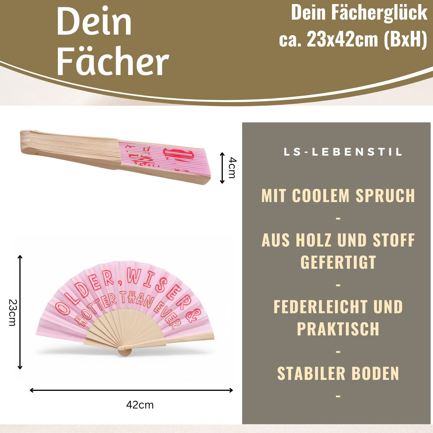 LS-LebenStil Handfächer Holz Stoff Fächer "Older Wiser Hotter" Pink Rot faltbar Faltfächer, (hochwertig aus Holz mit Stoff und coolem lustigem Spruch, 1-tlg., Styliche Abkühlung), für Geburtstag, Hochzeit, Party oder als Wand Dekoration