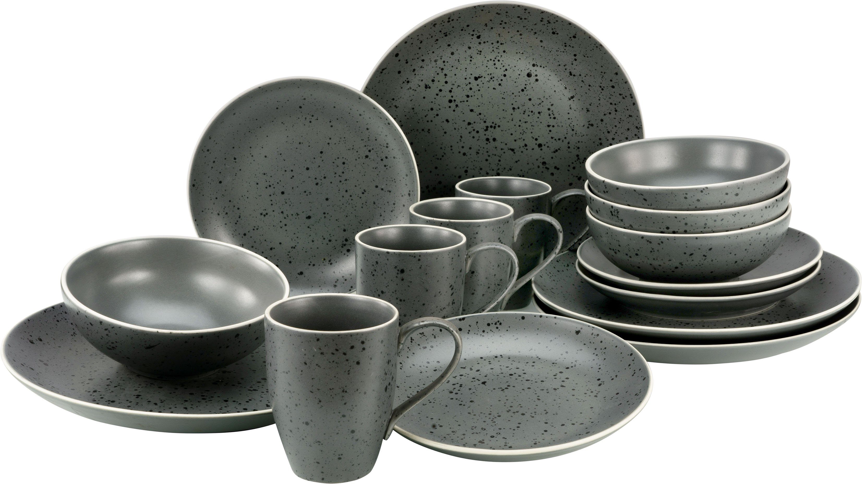 CreaTable Kombiservice Geschirr-Set Industrial Chic Personen, Personen Teile, Steinzeug, 4 Sprenkelglasur, 4 16 seidenmatte für Service, (16-tlg)