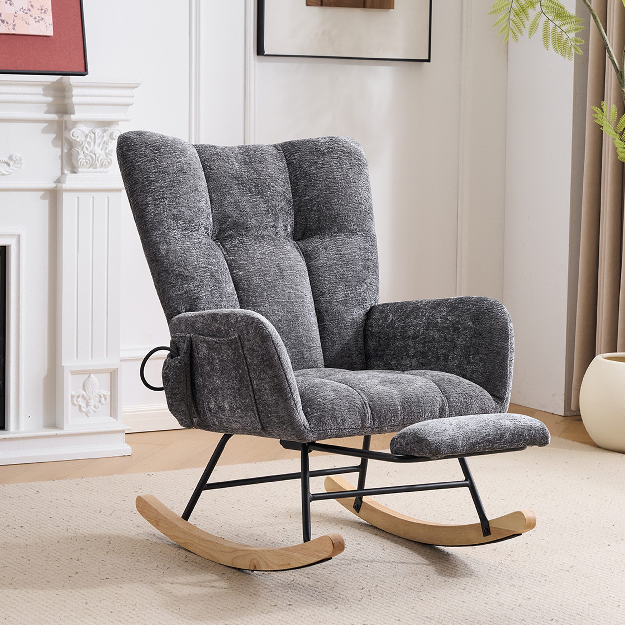 Vankel Schaukelstuhl Schaukelstuhl Wohnzimmer mit Fußstütze & Luftkissen-Rückenlehne, Chenille Relaxsessel mit Stauraum & Komfort Rückenlehne