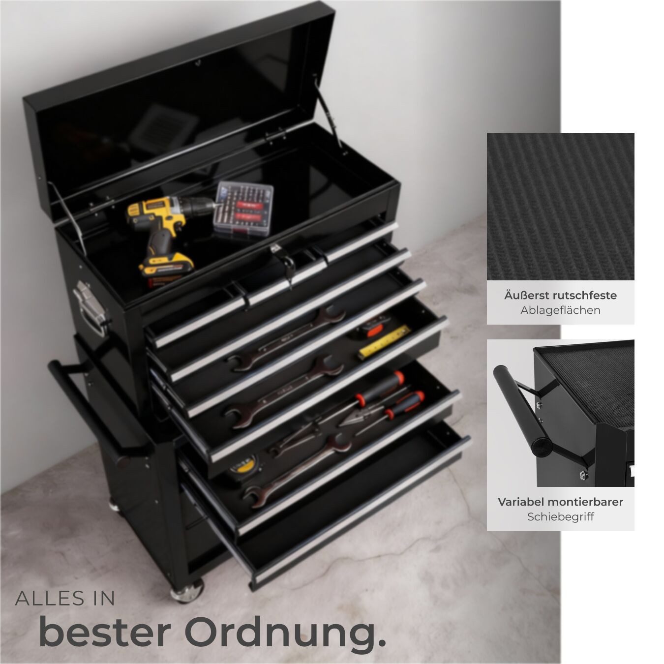 tectake Werkzeugwagen Werkstattwagen mit 8 Schubladen, Klappfach, Rollen, Antirutschmatten, schwarz, (Werkzeug-organizer, in Schwarz), Inkl. Kofferaufsatz und z – Bild 5 von 5