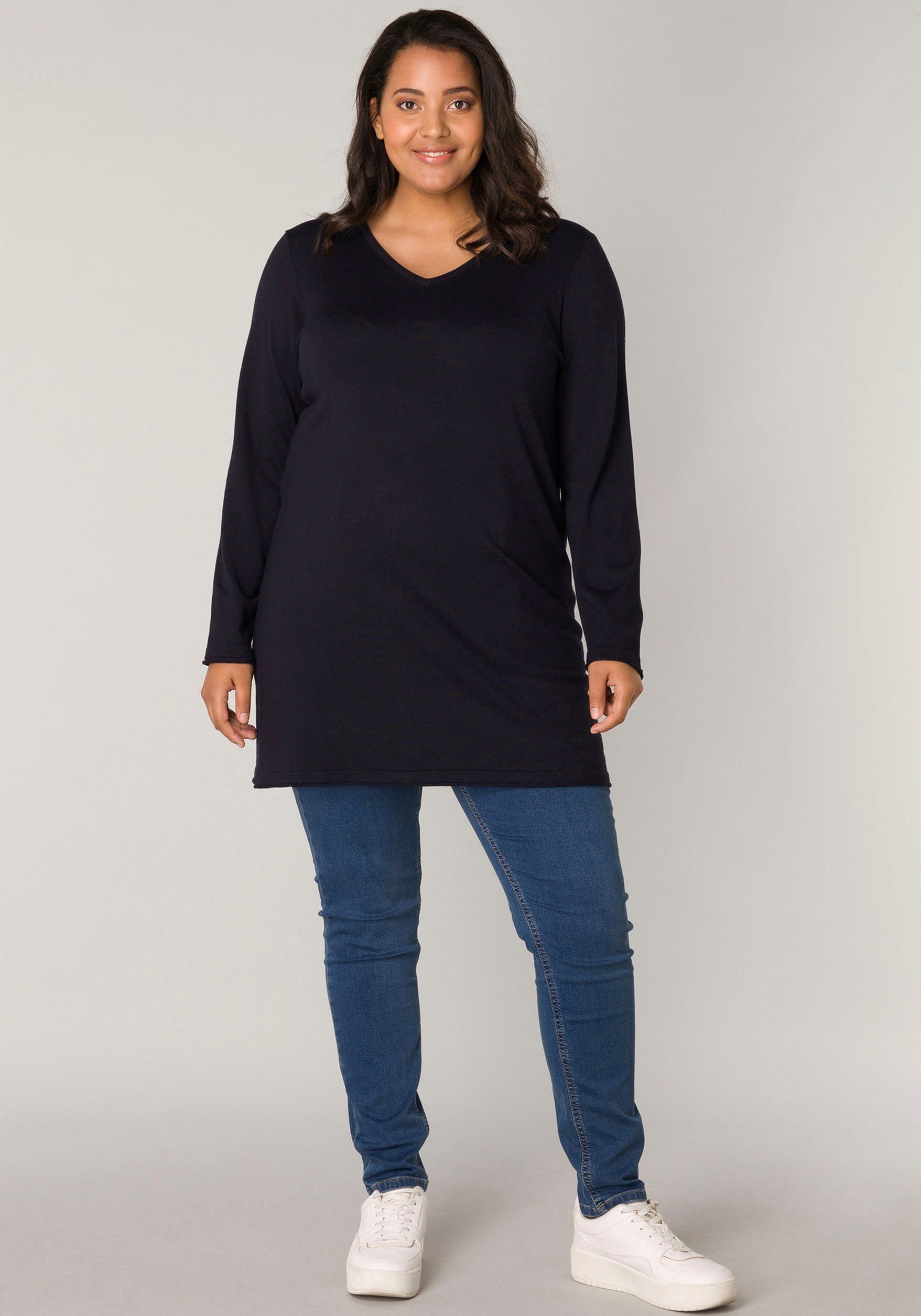 Base Level Curvy V-Ausschnitt-Pullover BAS-ANINE-LONG Feinstrick-Qualität