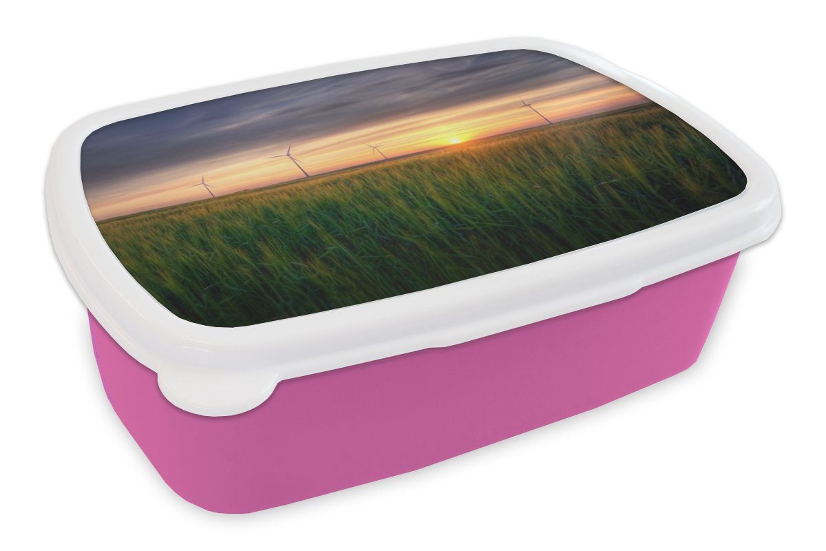MuchoWow Lunchbox Windmühle - Sonne - Gras, Kunststoff, (2-tlg), Brotbox für Erwachsene, Brotdose Kinder, Snackbox, Mädchen, Kunststoff rosa