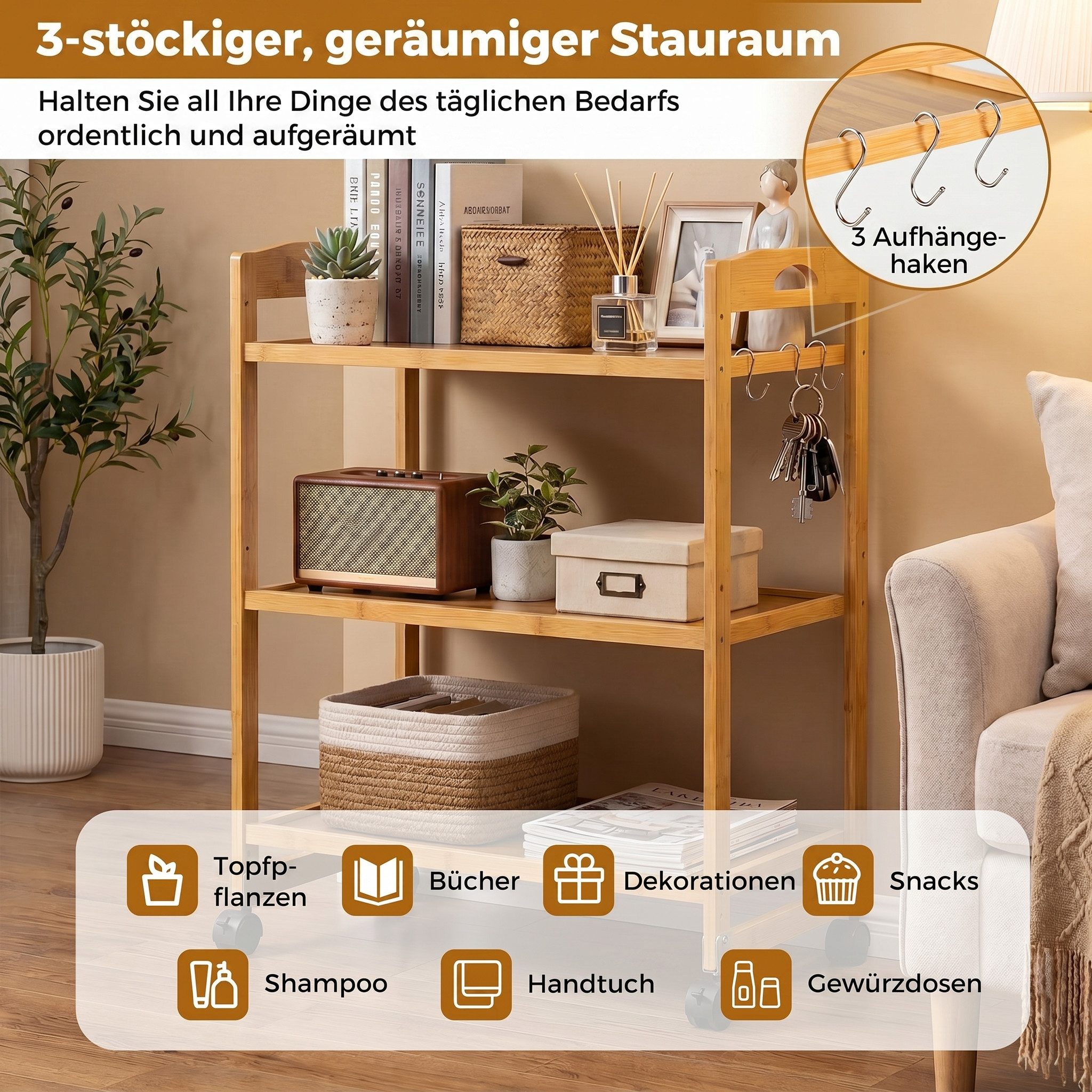 COSTWAY Servierwagen, mit Rollen, Rollwagen Bambus Natur, 60 x 33 x 72 cm