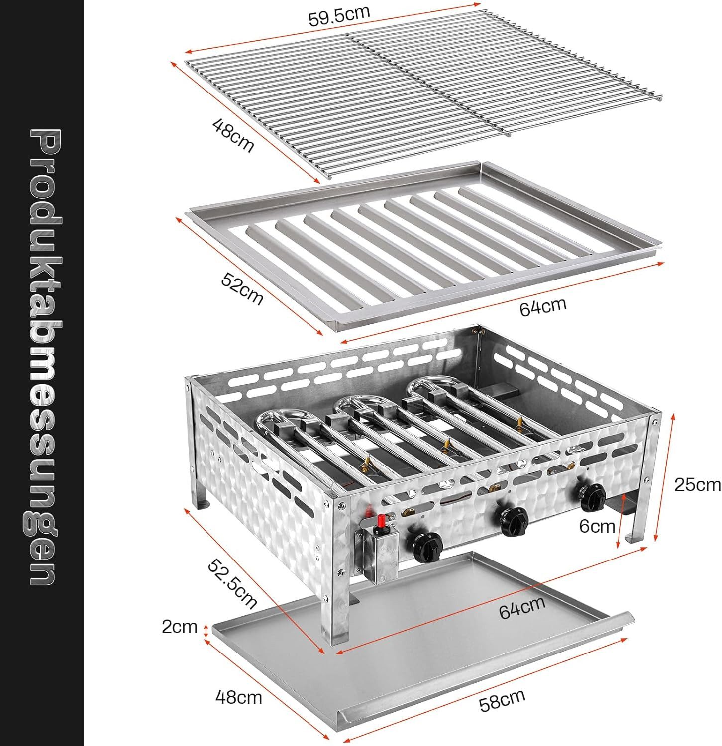 TLGREEN Camping-Gasgrill Edelstahl Gasgrill 3-flammig 12 kW, mit verchromtem Grillrost 59,5x48 cm, Tischgasgrill für Garten Outdoor Balkon Camping Gastronomie, Wurstbrater mit Piezo-Zündung & Fettauffangschale