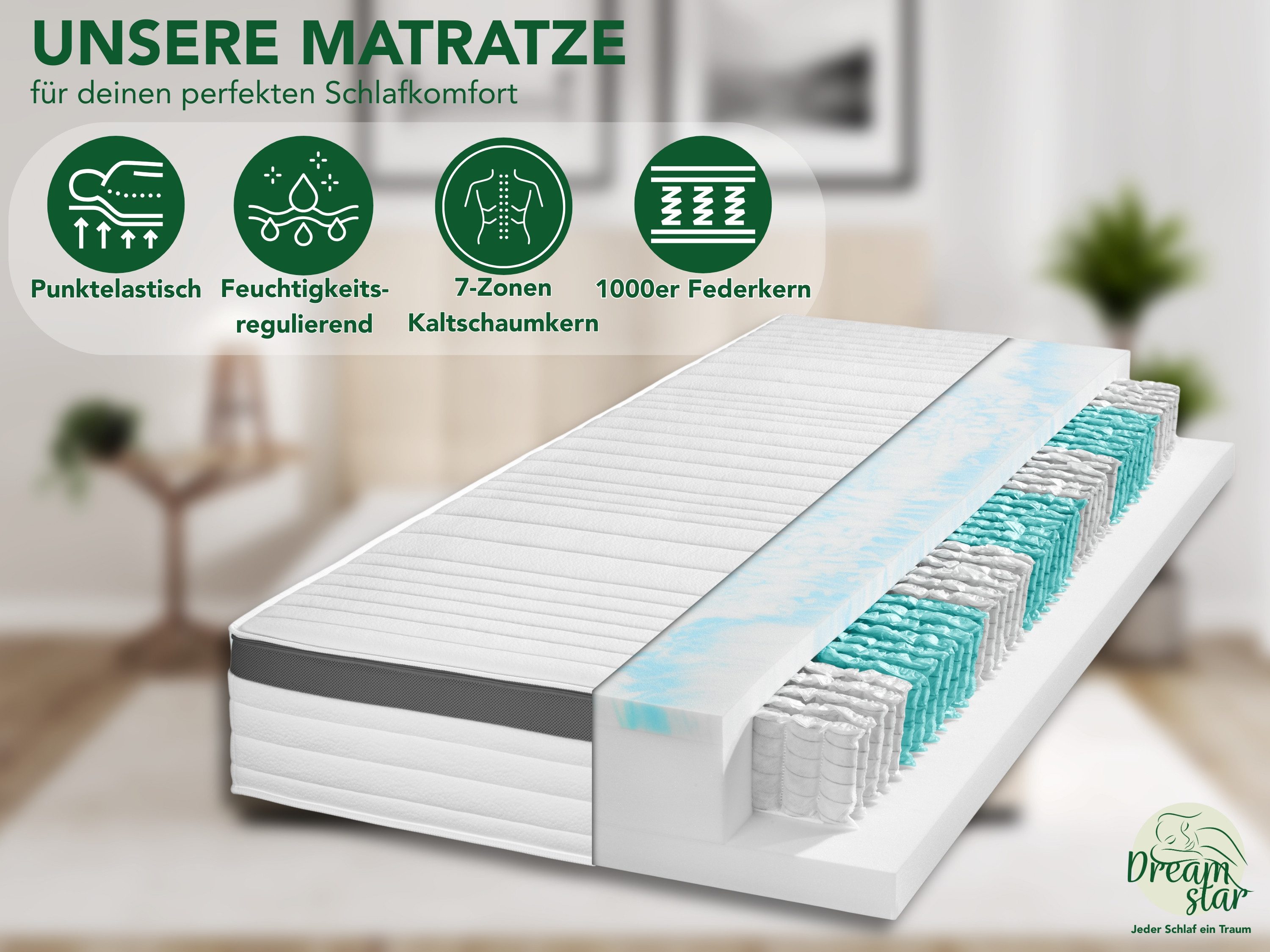 Taschenfederkernmatratze Luxusmatratze, 7-Zonen Federkernmatratze, hochwertiges Material, Dreamstar, 25 cm hoch, ergonomische Körperanpassung, 7 Schichten, atmungsaktiv, H2/H3/H4