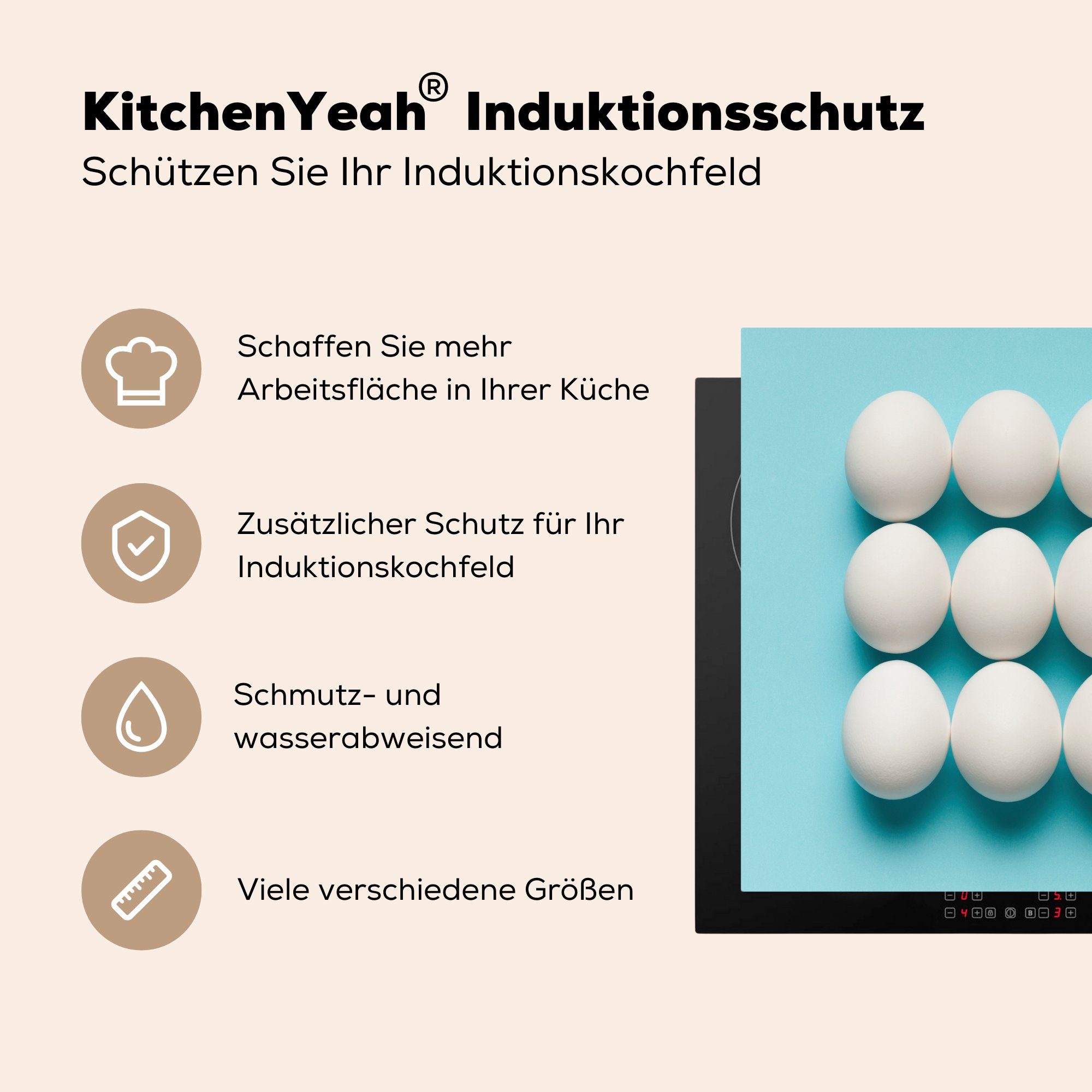 MuchoWow Herdblende-/Abdeckplatte Eiern, Ceranfeldabdeckung tlg), für Vinyl, cm, Induktionskochfeld Schutz (1 71x52 die Ei weißen Braunes unter küche