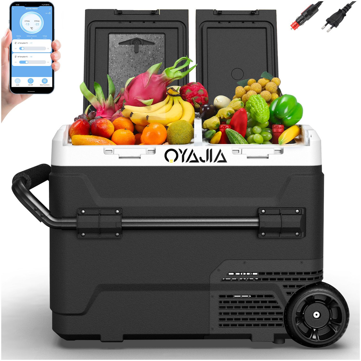 oyajia Elektrische Kühlbox Kompressor Gefriertruhe mobiler Kühlschrank, Kühltruhe, Gefrierbox, 55 l, Dual Zone und Zwei Temperaturen, -20°C - 20°C, 12V/24V/230V mit Rollen