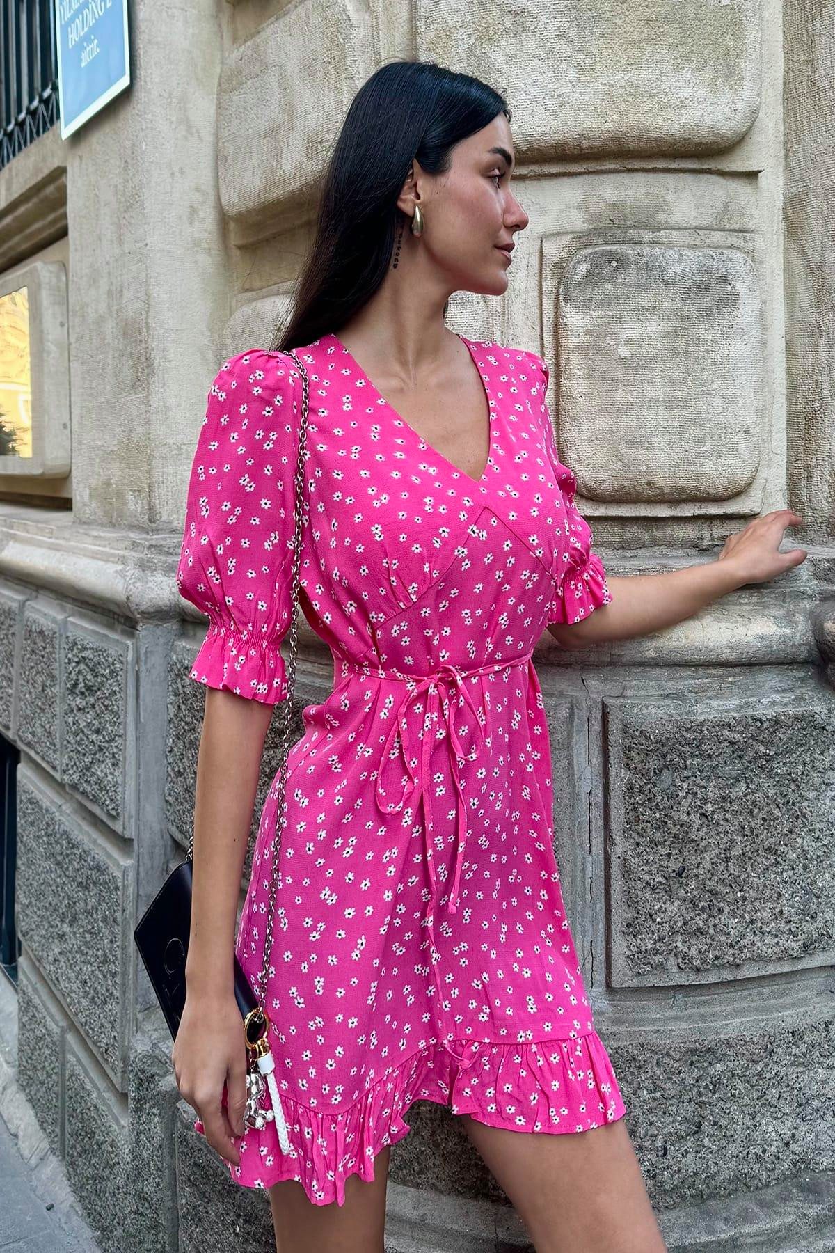 For You Moda Midikleid Natürliche Viskose Rüschenmuster Fuchsia Kleid – Bild 5 von 5