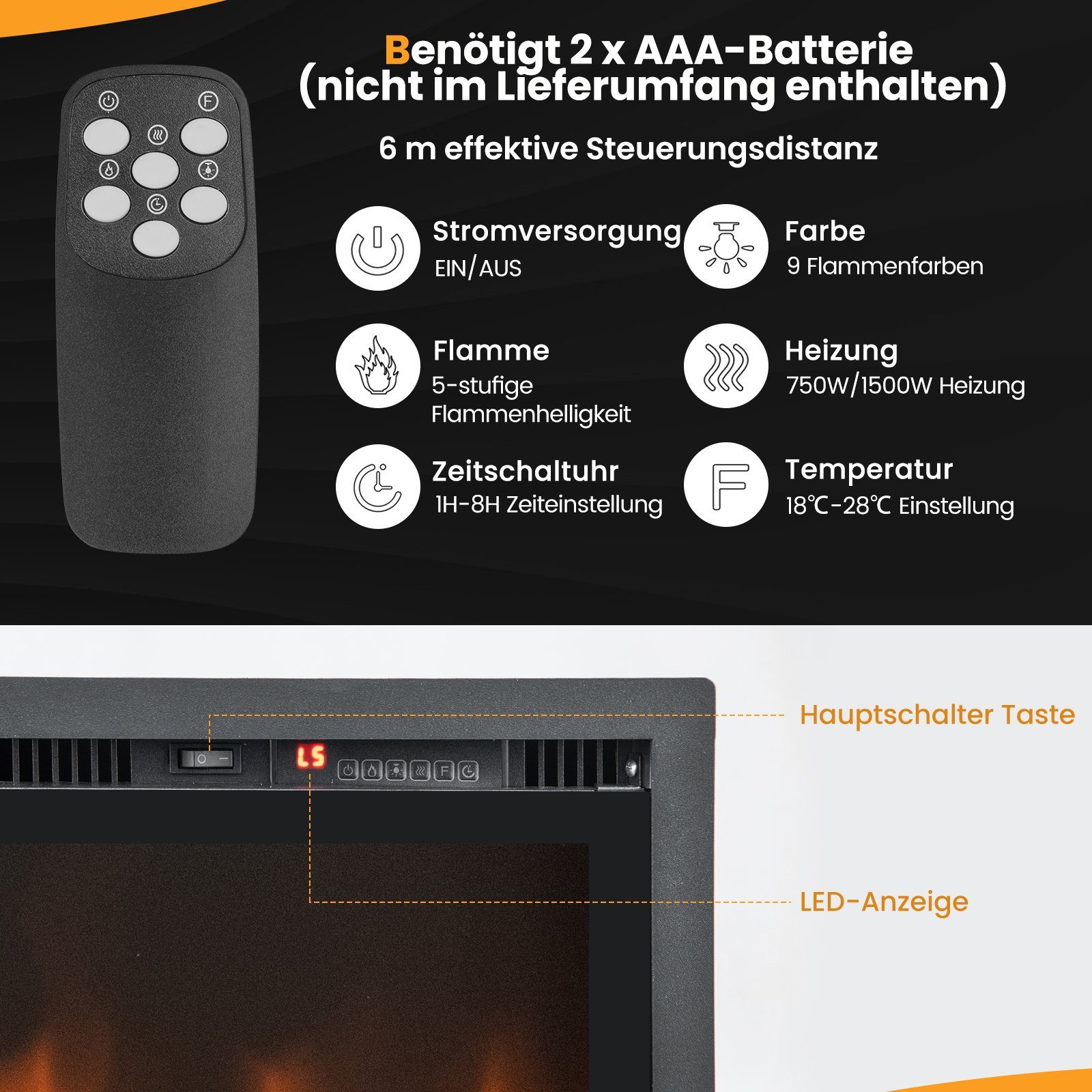 COSTWAY Elektrokamin, 750W/1500W, für 36", 9 Flammenfarbe, 5 Helligkeitsstufe
