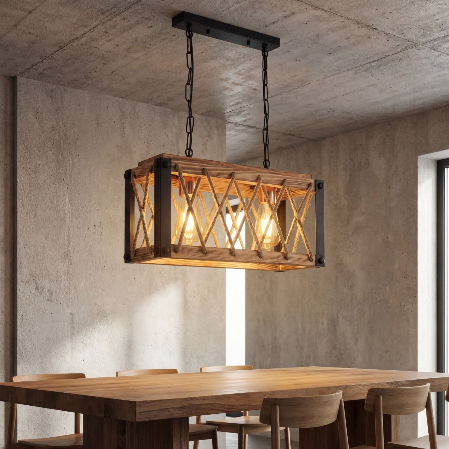 Licht-Erlebnisse Pendelleuchte SELMAR, ohne Leuchtmittel, 40 cm breit H: max. 105 cm Holz geflammt Metall E27 2-flammig Rustikal