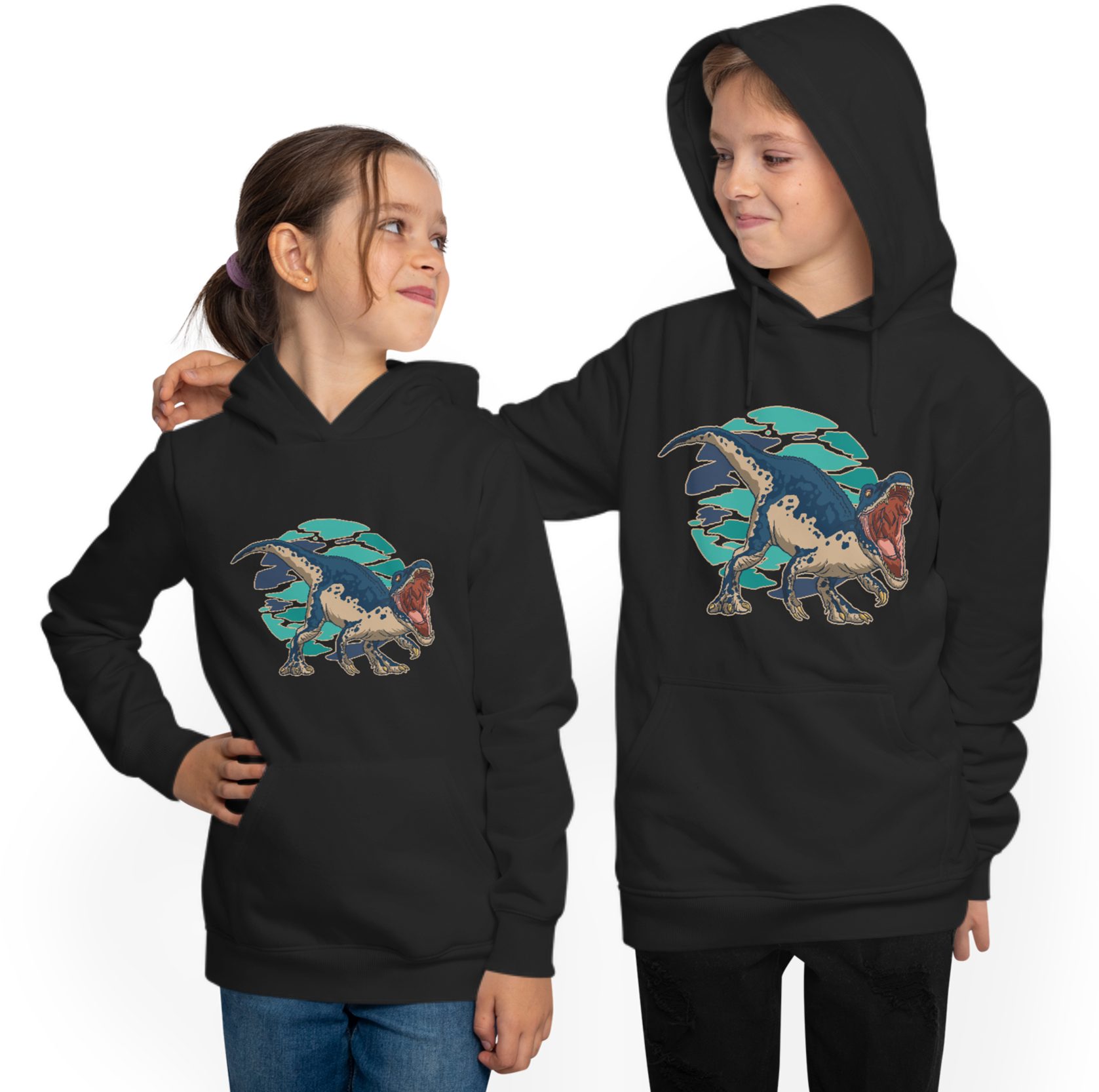 MyDesign24 Hoodie Kinder Sweatshirt i46 mit Kapuze schwarz, Aufdruck - Raptor mit Brüllender Kapuzensweater