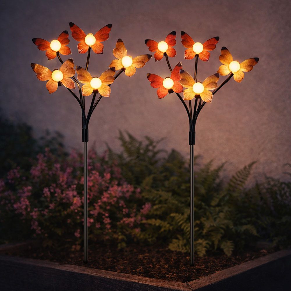 Expo Börse LED Solarleuchte, LED-Leuchtmittel fest verbaut, Warmweiß, 2x Solarlampe Steckleuchte LED Gartenstecker Schmetterling H 68 cm