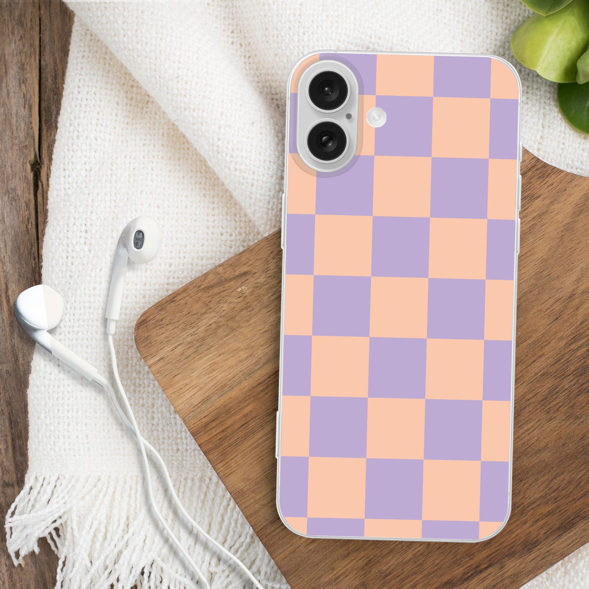 MuchoWow Handyhülle für Apple iPhone 16 Plus Schachbrettmuster - Lila - Rosa - Würfel, Smartphone-Bumper, Print, Handy Schutzhülle Dünn