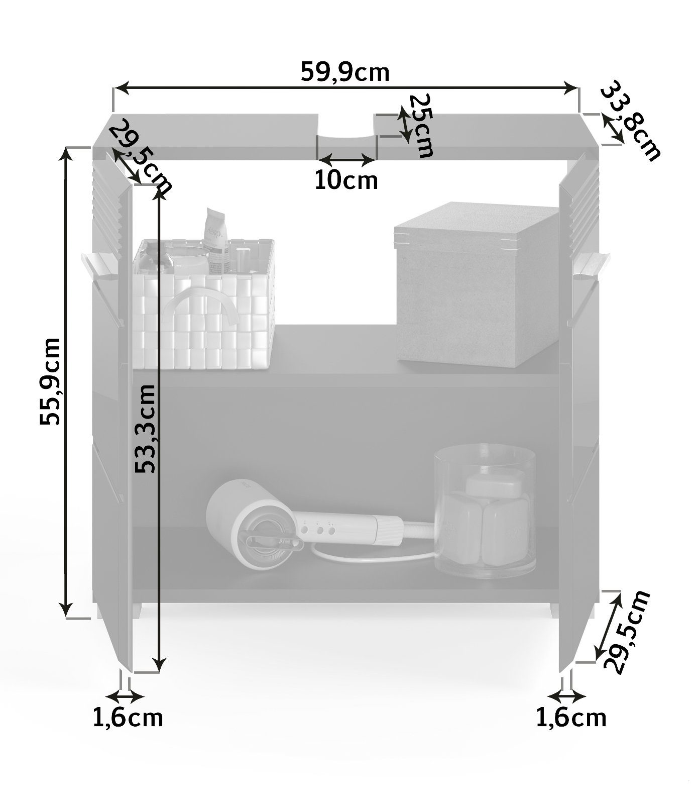 xonox.home x Linus Unterschrank Waschbeckenunterschrank (Waschtisch in Hochglanz, 56 60 cm) schwarz, 2-türig