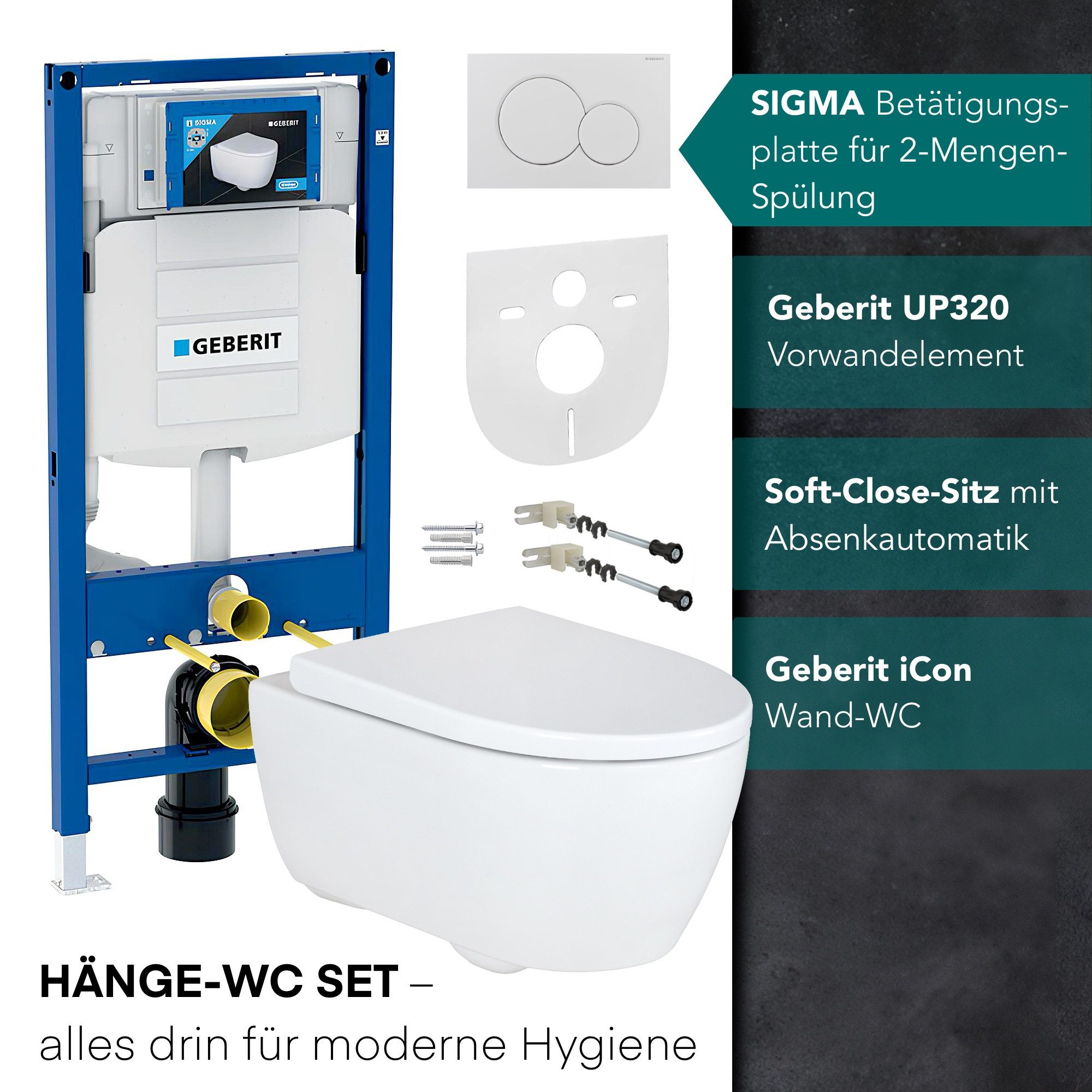 GEBERIT WC-Komplettset mit Duroplast Sitz, Betätigungsplatte, Rimfree WC & Schallschutz, wandmontage, Vorwandelement UP320, mit QuickRelease & EasyMount