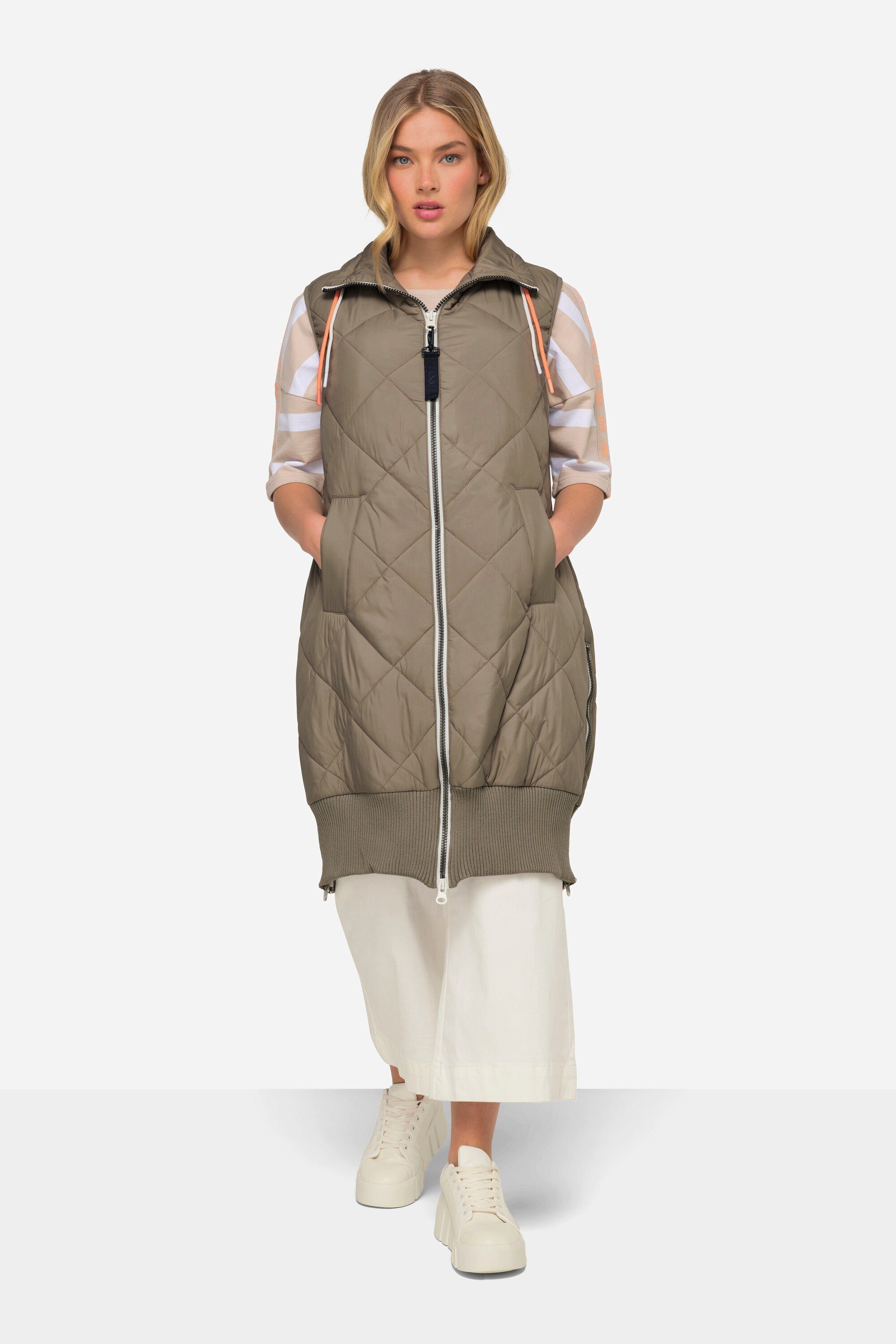 Steppweste Steppweste lange Form Stehkragen Zipper Rippsaum