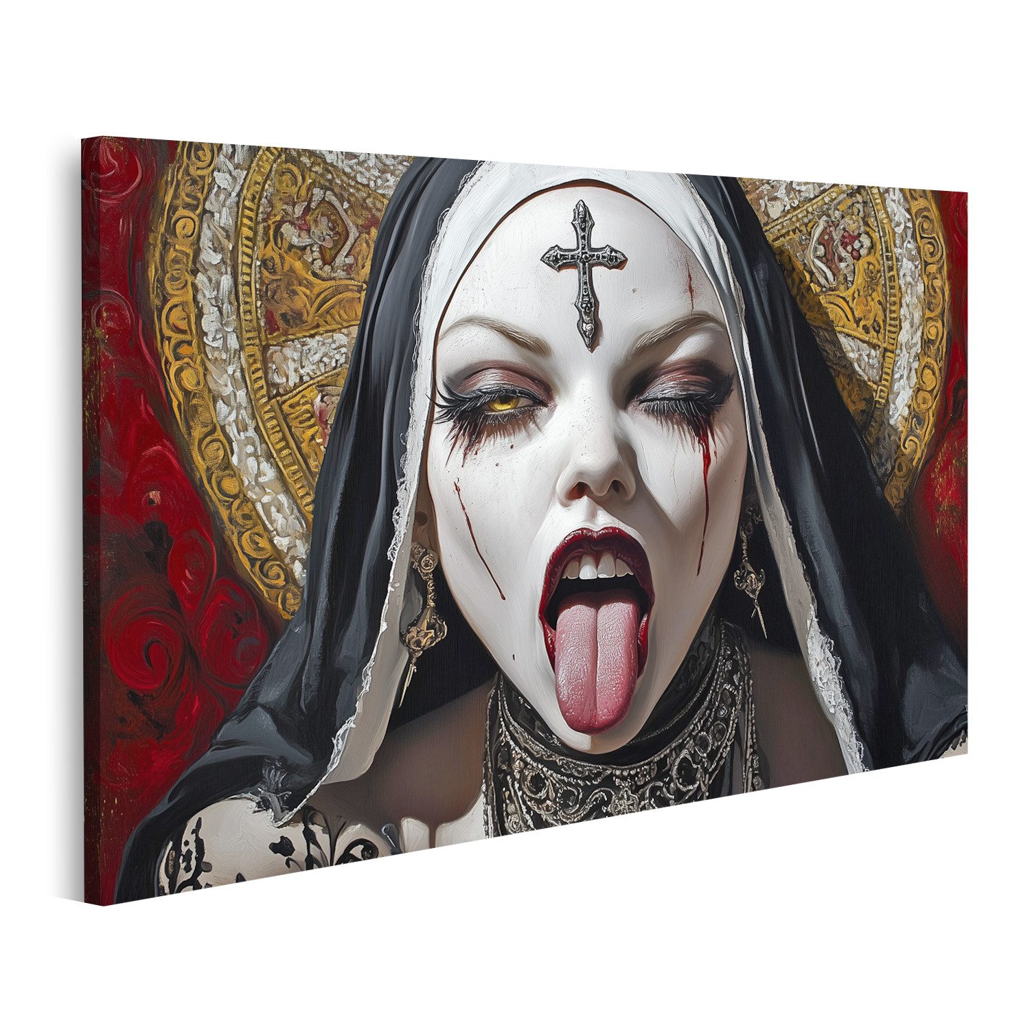 islandburner Leinwandbild Gothic Nonne mit ausgestreckter Zunge und Kreuz