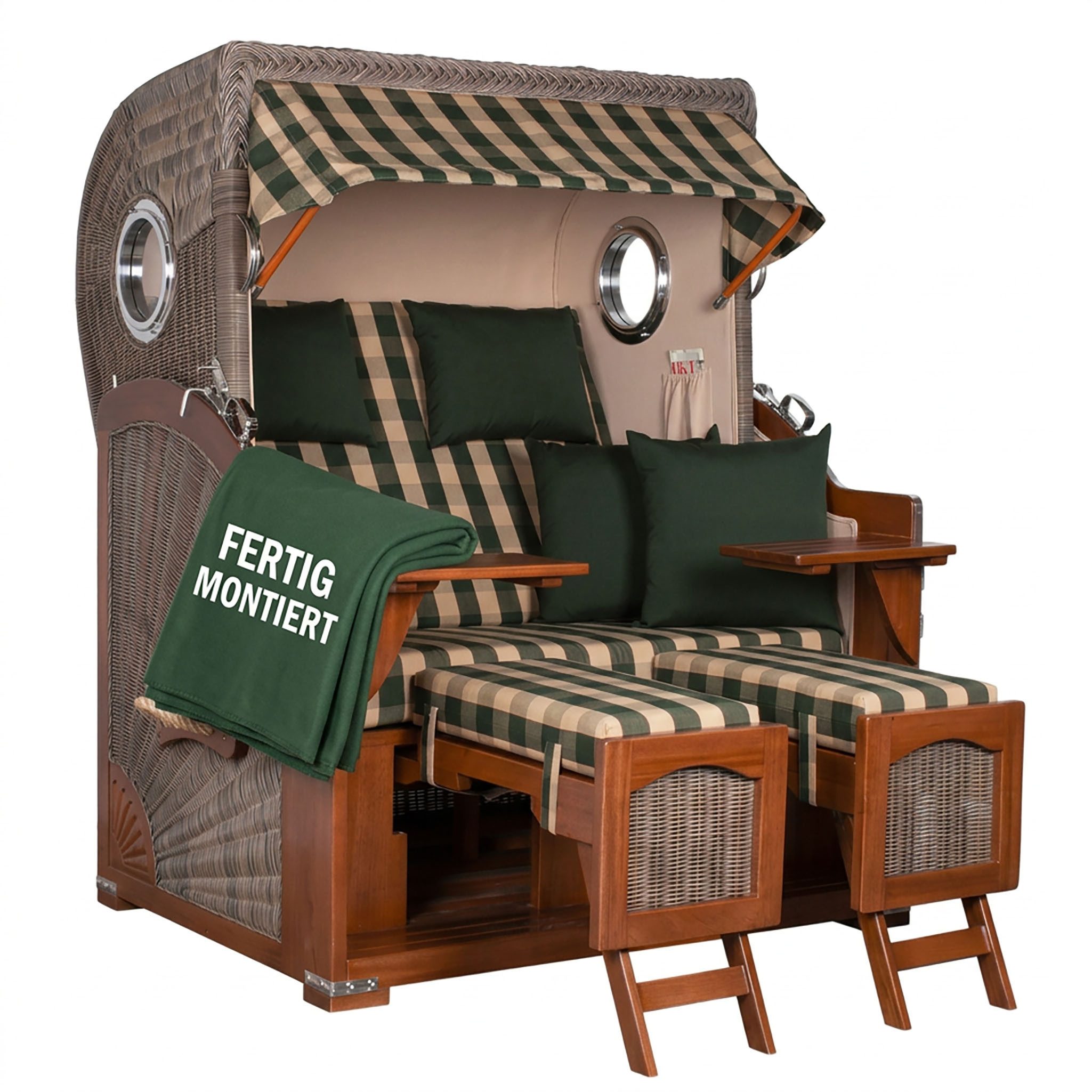 MR.DEKO Strandkorb 2-Sitzer Düne Bullauge Vollholz PE-Geflecht grau 125x170x80, BxTxH: 125x80x170 cm, 2-Sitzer Strandkorb, Strandkorb Düne Bullauge, (Fertig montierter Strandkorb für Garten, Terrasse & Balkon), Wetterfester Volllieger mit Edelstahlbeschlägen & waschbaren Polstern