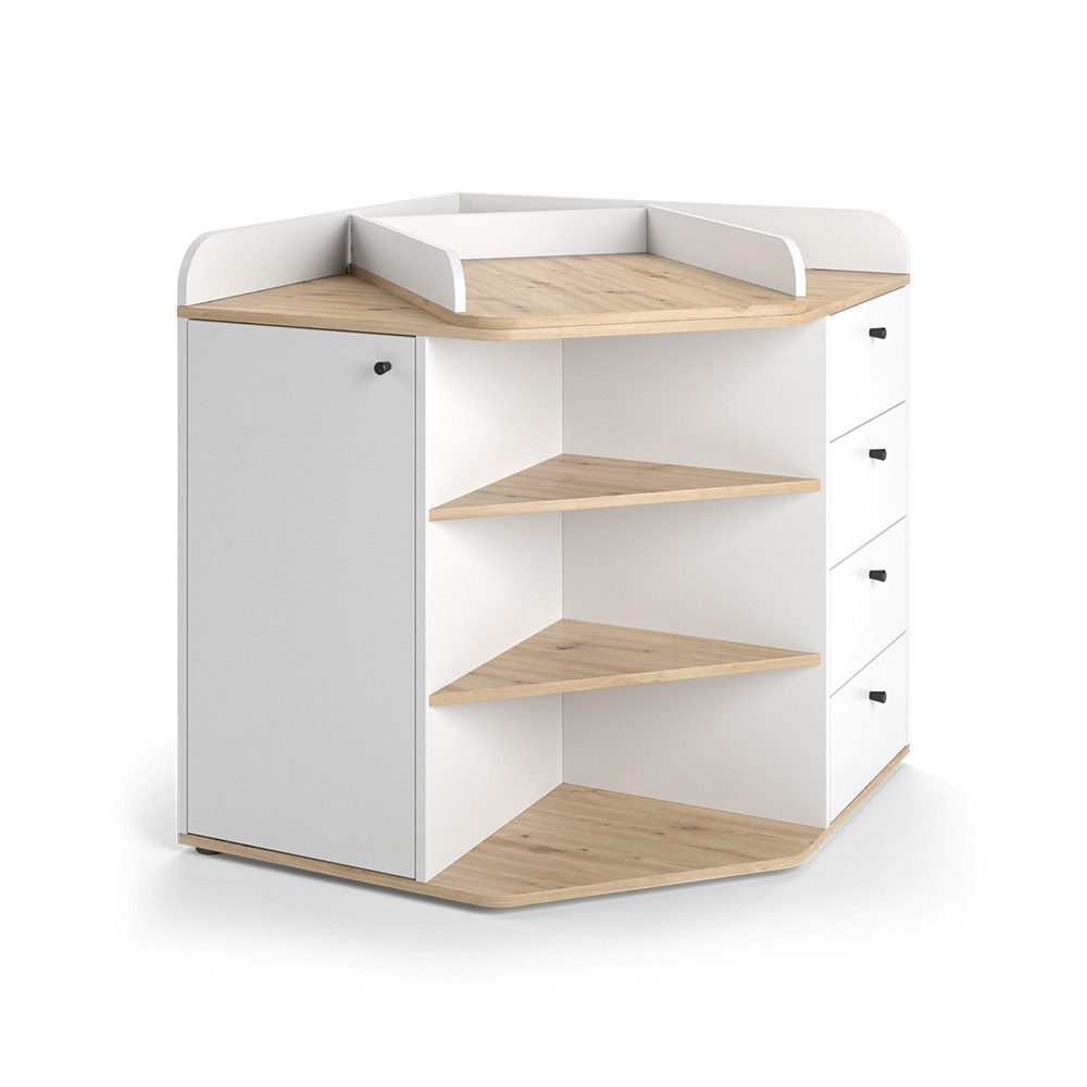 Vicco Wickelkommode Aria, Weiß/Artisan/Artisan-Eiche, 85 x 90 cm mit Regalen und 4 Sch...