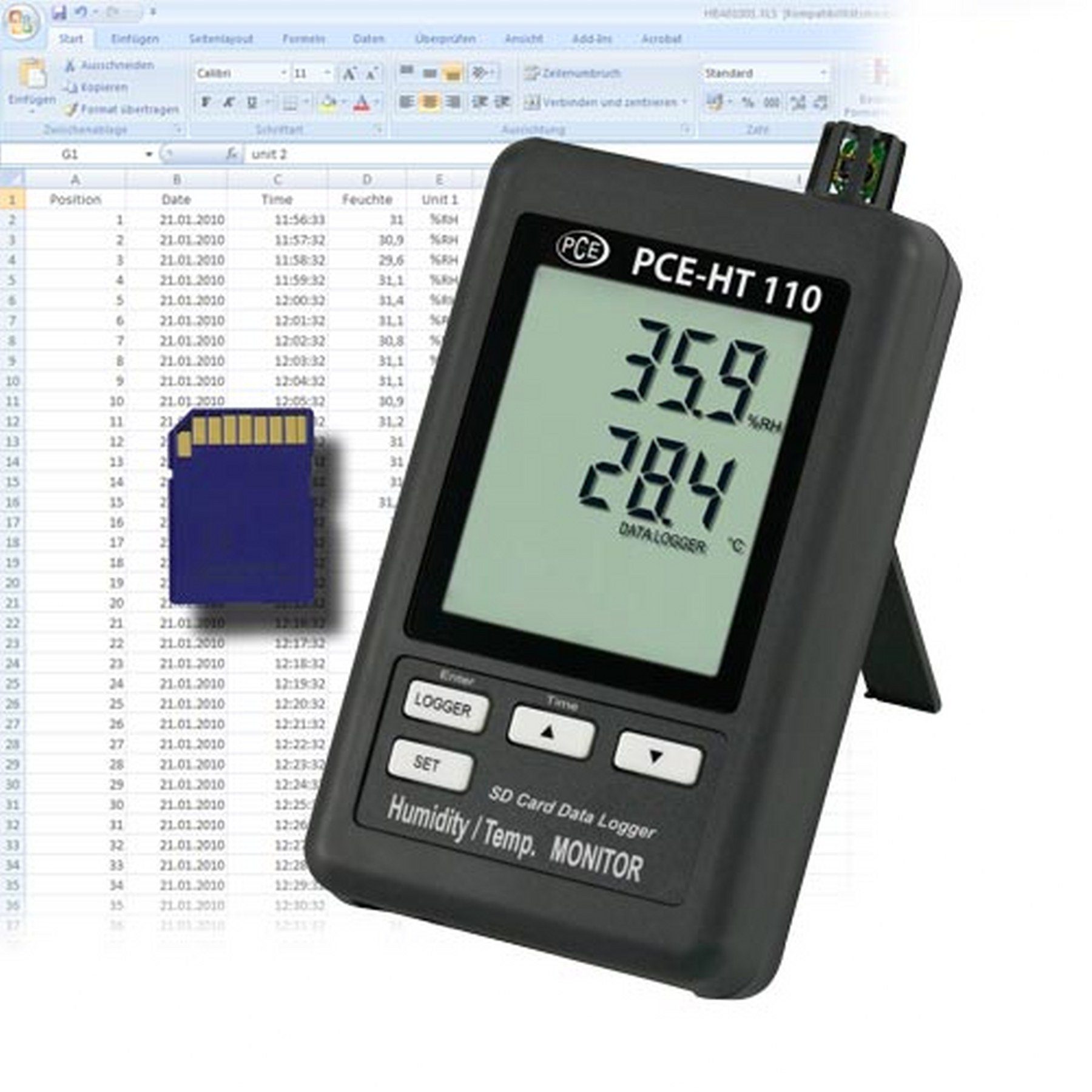 PCE Instruments Hygrometer Hygrometer Langzeitmessung PCE-HT110 Temperatur Feuchte Datenlogger, (1 Stück), Low-Batterie-Anzeige, große LCD-Anzeige