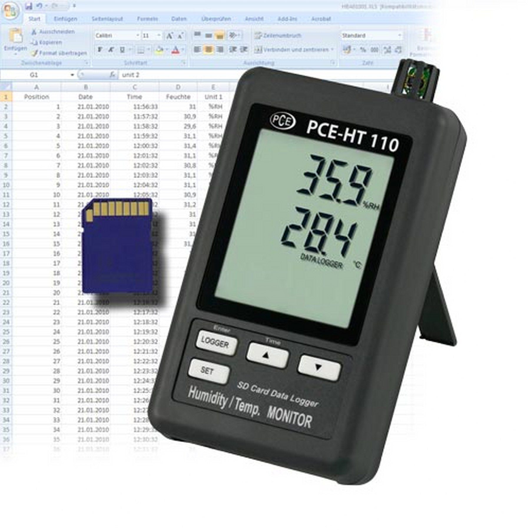 PCE Instruments Klimamesser Hygrometer Langzeitmessung PCE-HT110 Temperatur Feuchte Datenlogger, (1 Stück), Low-Batterie-Anzeige, große LCD-Anzeige