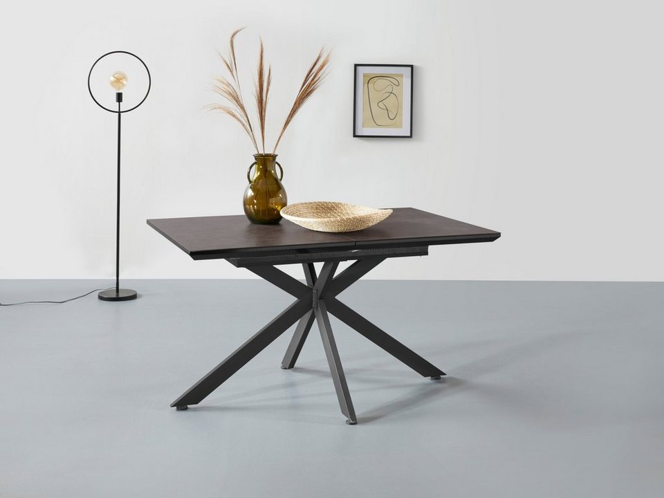 HELA Esstisch Fenja, ausziehbar 140-180 cm, Tischplatte mit aufliegender  5mm Glasplatte in Keramikoptik und Schweizer Kante