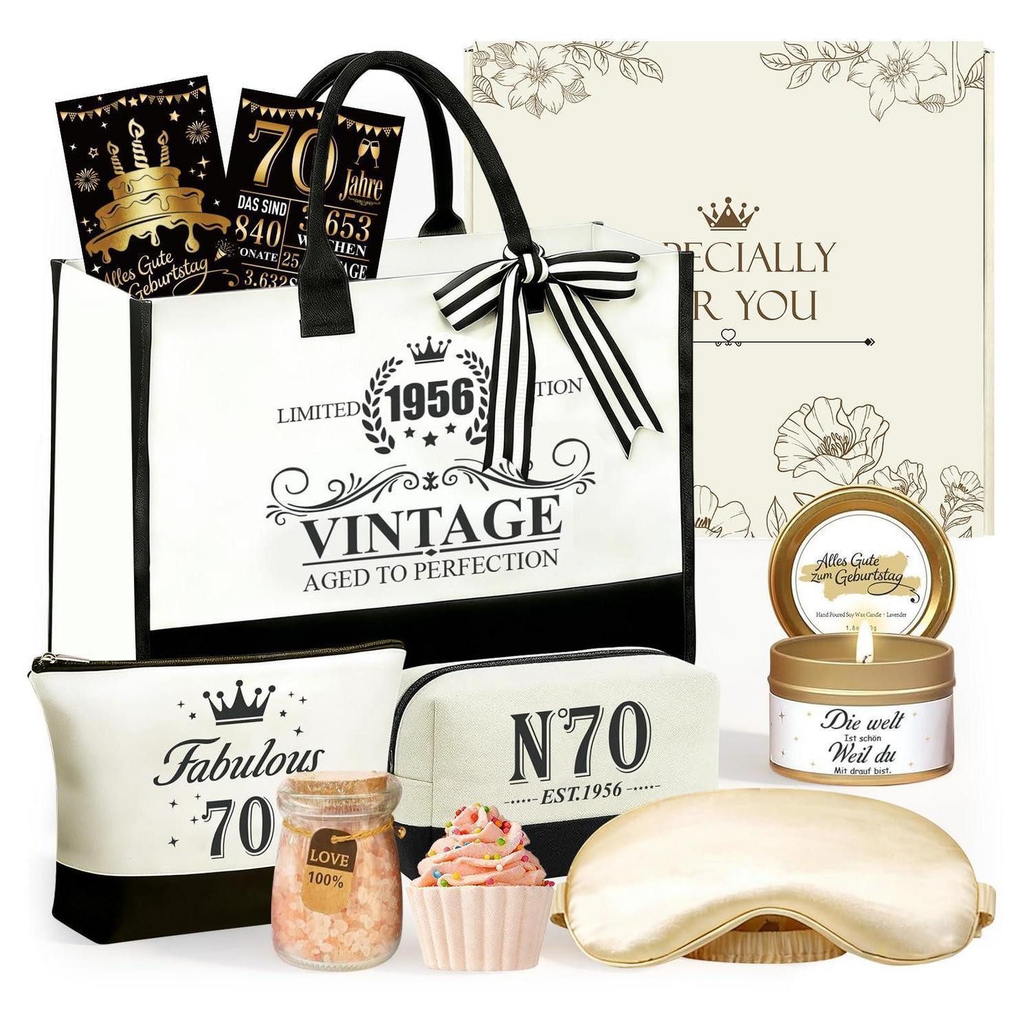 LuxusKollektion Geschenkbox Geschenkset 70 Geburtstag Frau Canvas Tasche Kerze Wellness (1 St)