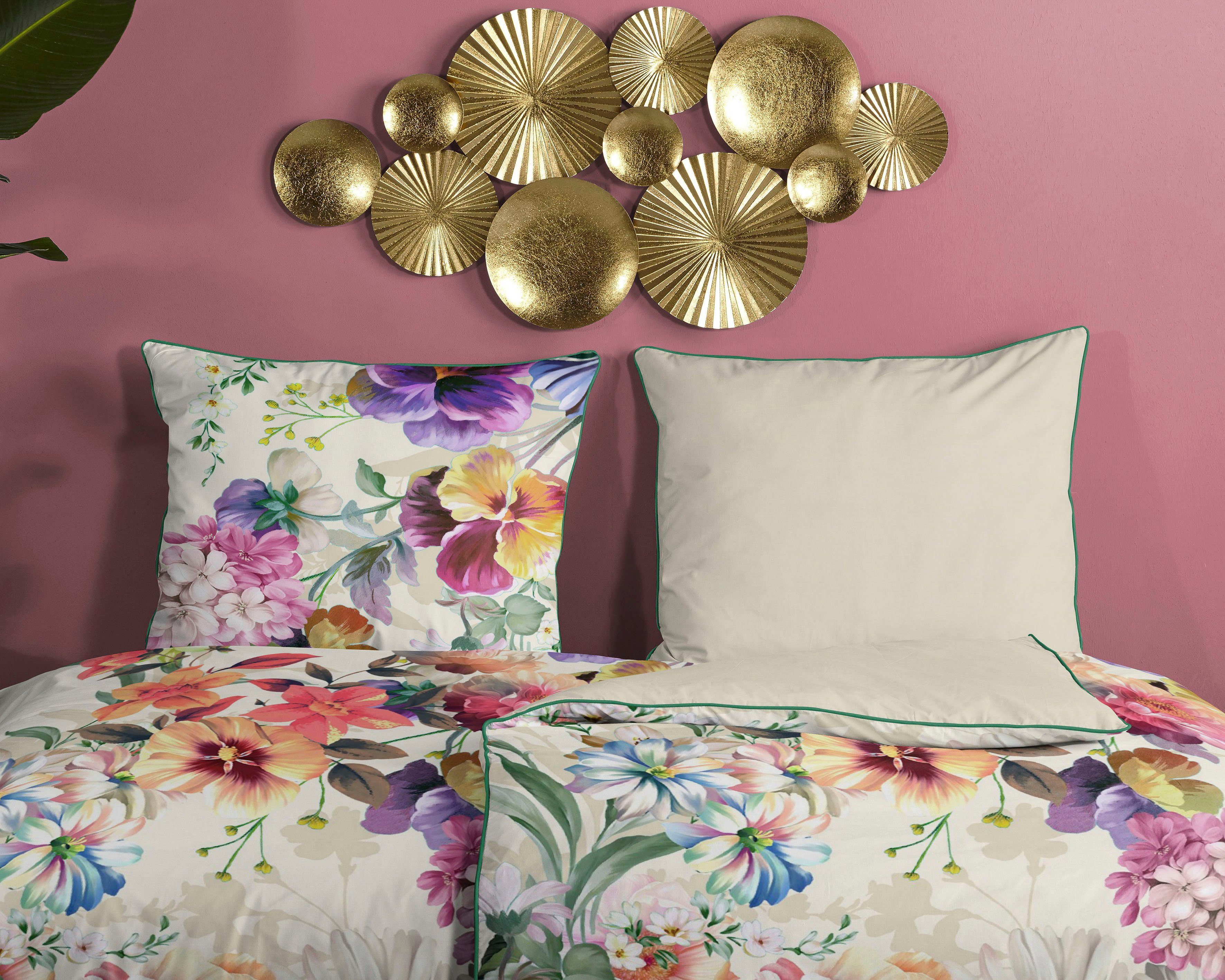 Descanso Wendebettwäsche Novara, Satin (Bio-Baumwolle), 2 teilig, Baumwolle, Satin, 135x200, Biese, Reißverschluss, Wende, Blumen, Natur