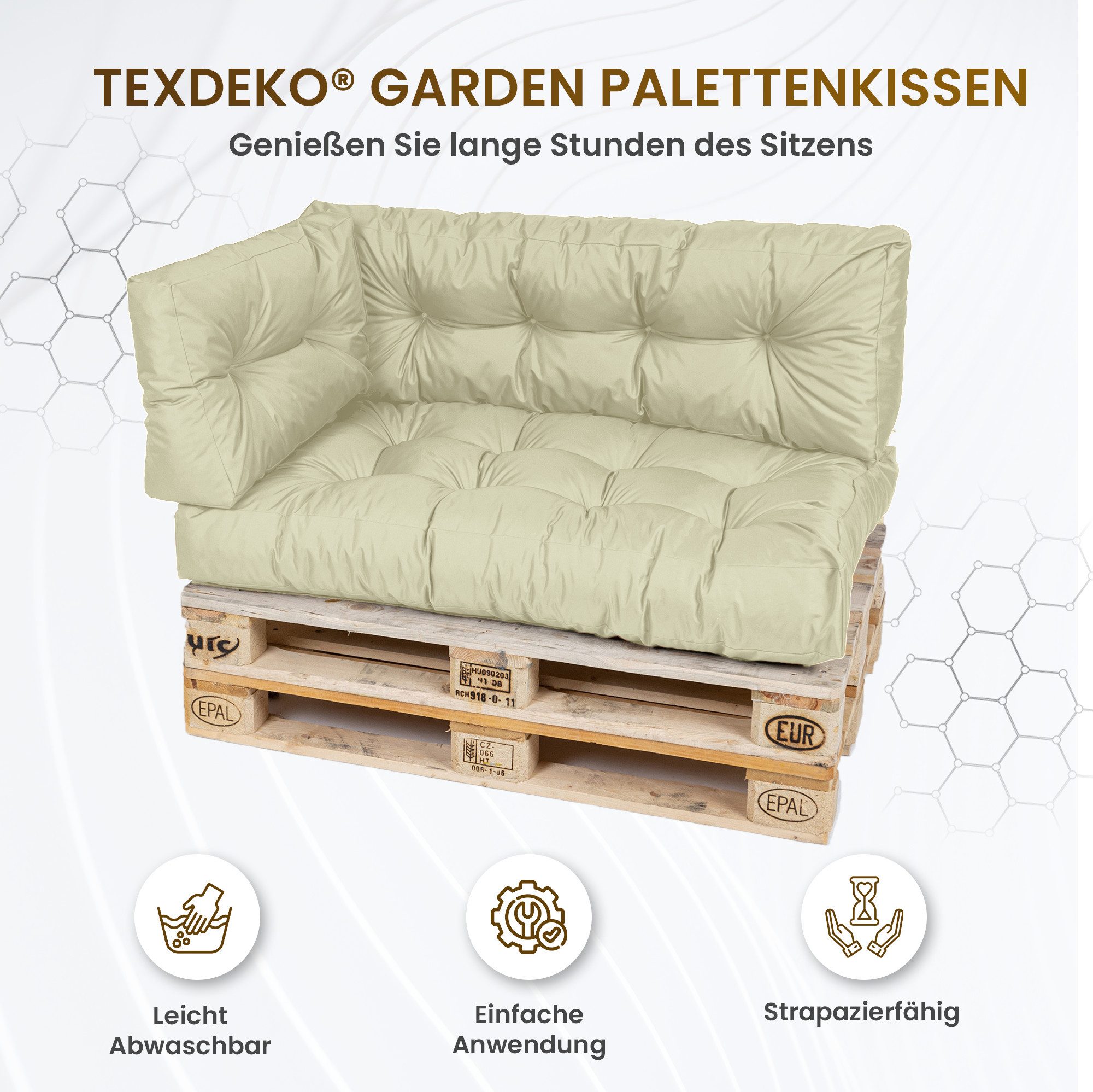 TexDeko Palettenkissen TexDeko Garden 2-TLG Palettenkissen-Set wasserabweisend gesteppt, 1x Palettenkissen (Sitzkissen) + 1x Rückenkissen, Premium Qualität