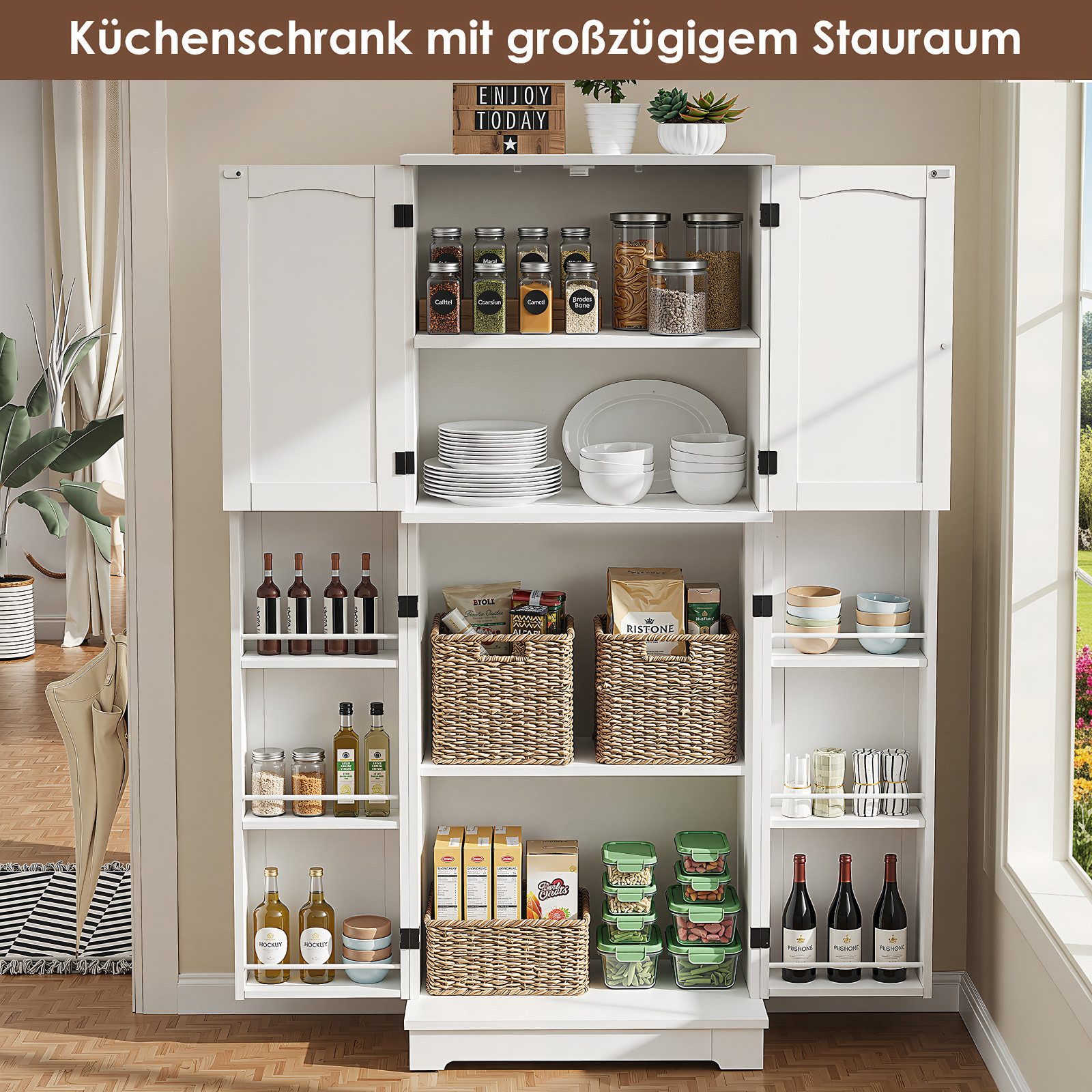 oyajia Mehrzweckschrank mit 4 Türen,Hochschrank Buffetschrank mit verstellbarem Einlegeboden (Küchenschrank, 2 verstellbare Ablagen, 6 Türfächer) für Küche Wohn – Bild 4 von 5