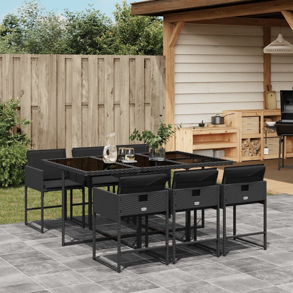 vidaXL Garten-Essgruppe 7-tlg. Garten-Essgruppe mit Kissen Schwarz Poly Rattan, (6-tlg)