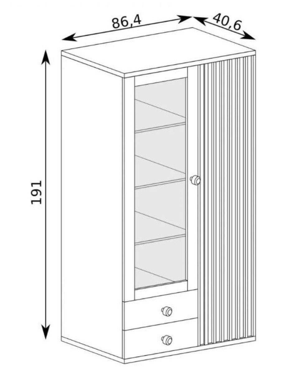 Vitrinenschrank BORDO, Standvitrine Türig Compleo 2 Fronten Esszimmer und 2 Schubladen, Loft Stil mit gefräst,