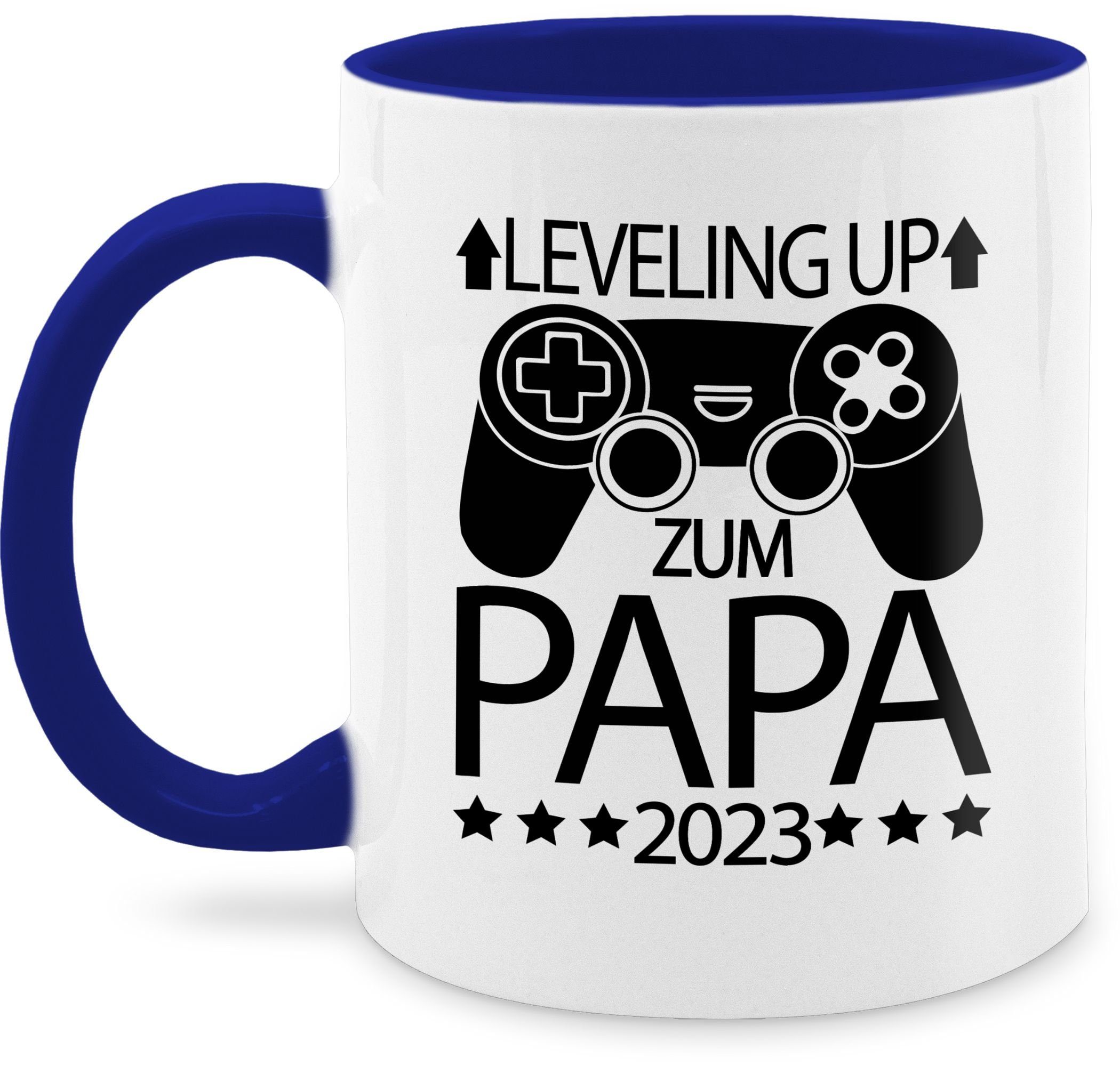 Shirtracer Tasse Leveling up zum Papa 2023 mit Controller - schwarz, Keramik, Geschenk Vatertag Kaffeetasse 3 Dunkelblau