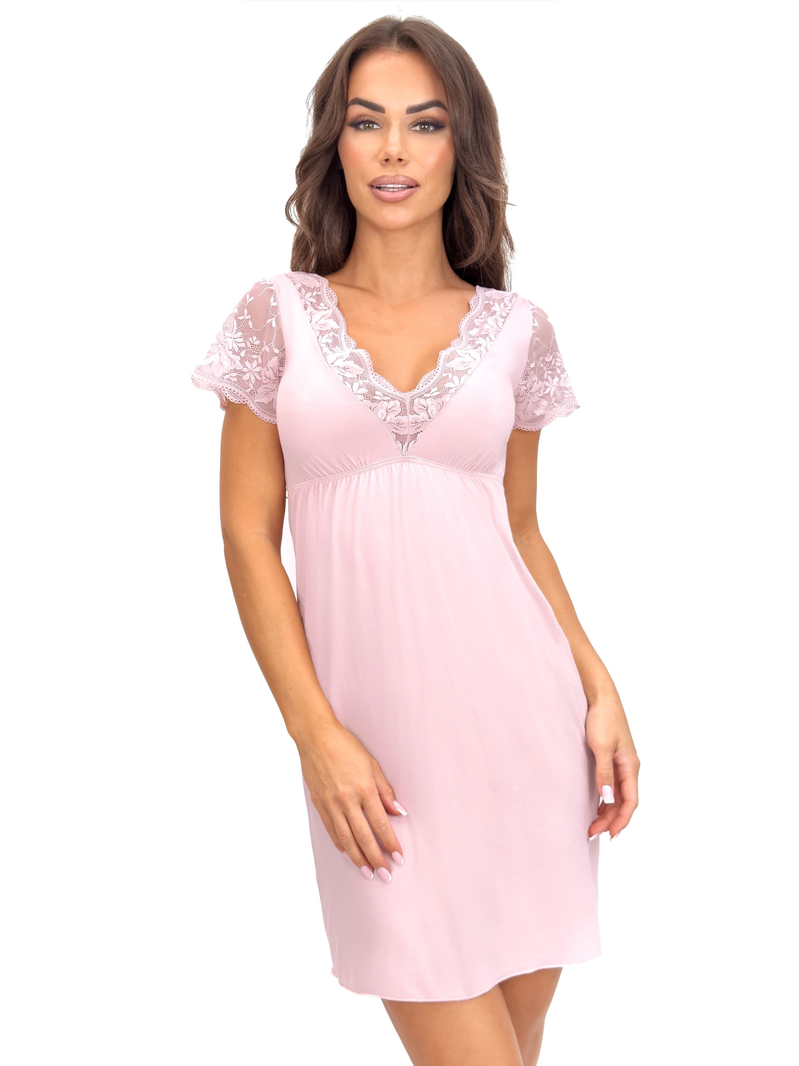 Donna Nachthemd Damen-Negligé Damen Sleepshirt mit Spitzen-Kurzarm