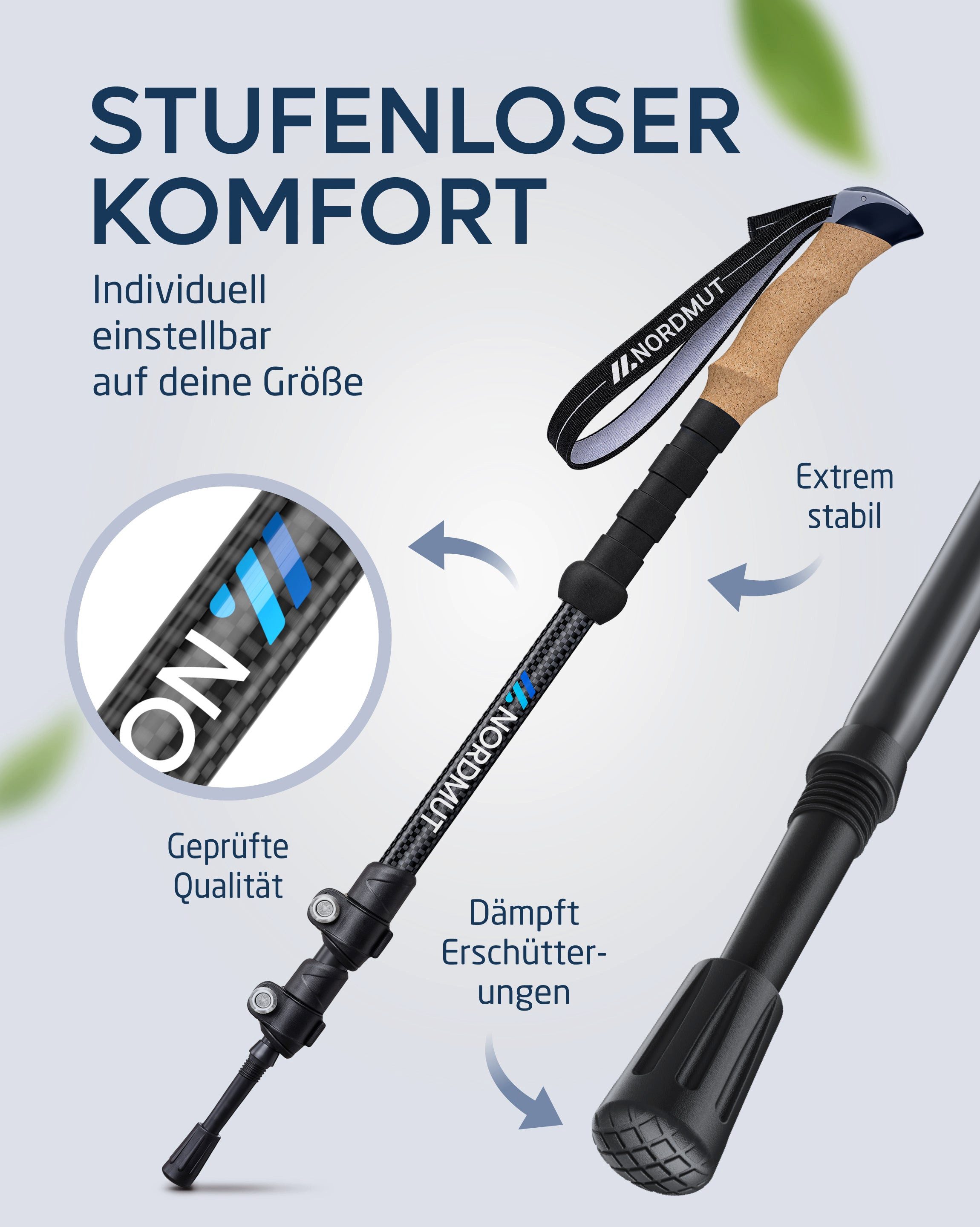 Nordmut Wanderstöcke Teleskop Trekkingstöcke, Nordic Walking Stöcke, Korkgriff, 65–135 cm (Set, 2 St., mit Tasche, Gummipuffern, Schnee- und Matschtellern), ult – Bild 3 von 5