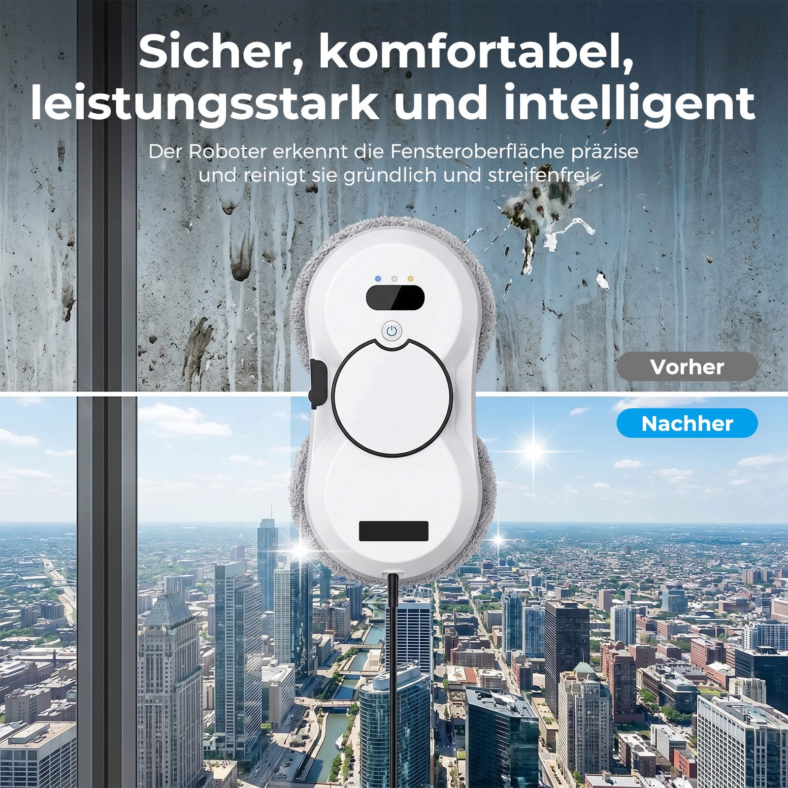 AKKEE Fensterputzroboter mit Automatischem Wasserstrahl, Fenstersauger mit Water Tank, 5600 Pa starker Saugkraft weiß
