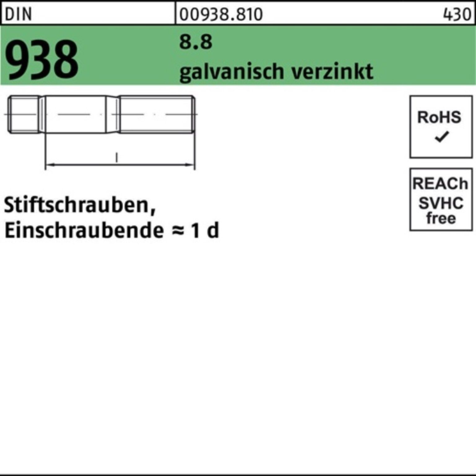 Reyher Stiftschraube 100er Pack Stiftschraube DIN 938 M16x 65 8.8 galv.verz. 10 Stück DIN