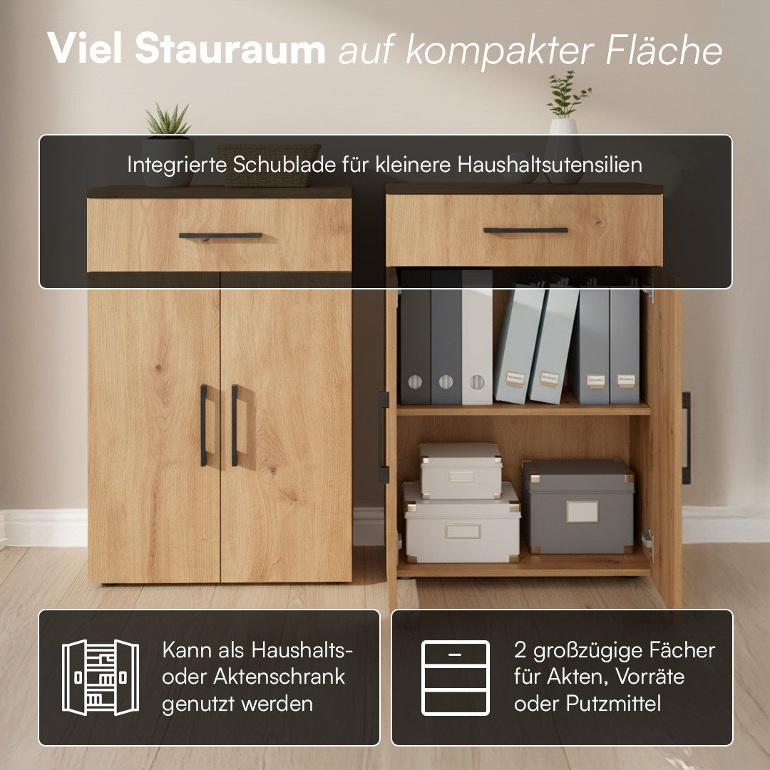 Bellamio Mehrzweckschrank Apol 88 cm hoch (2 Fächer & 1 Schublade, Eichenoptik) Büroschrank verfügbar mit & ohne Schublade – Bild 2 von 5