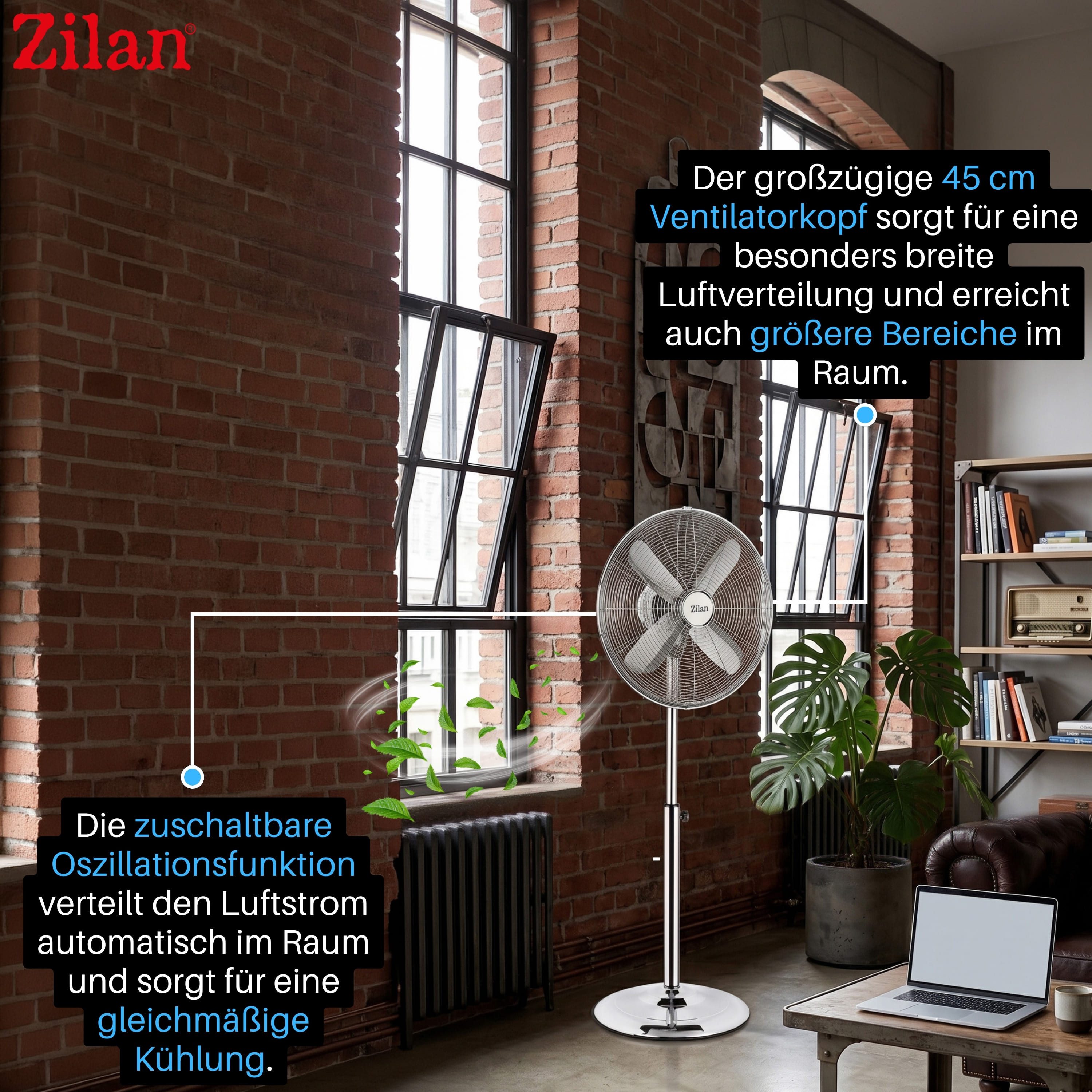 Zilan Standventilator ZLN-1112, großzügiger 45 cm Ventilatorkopf