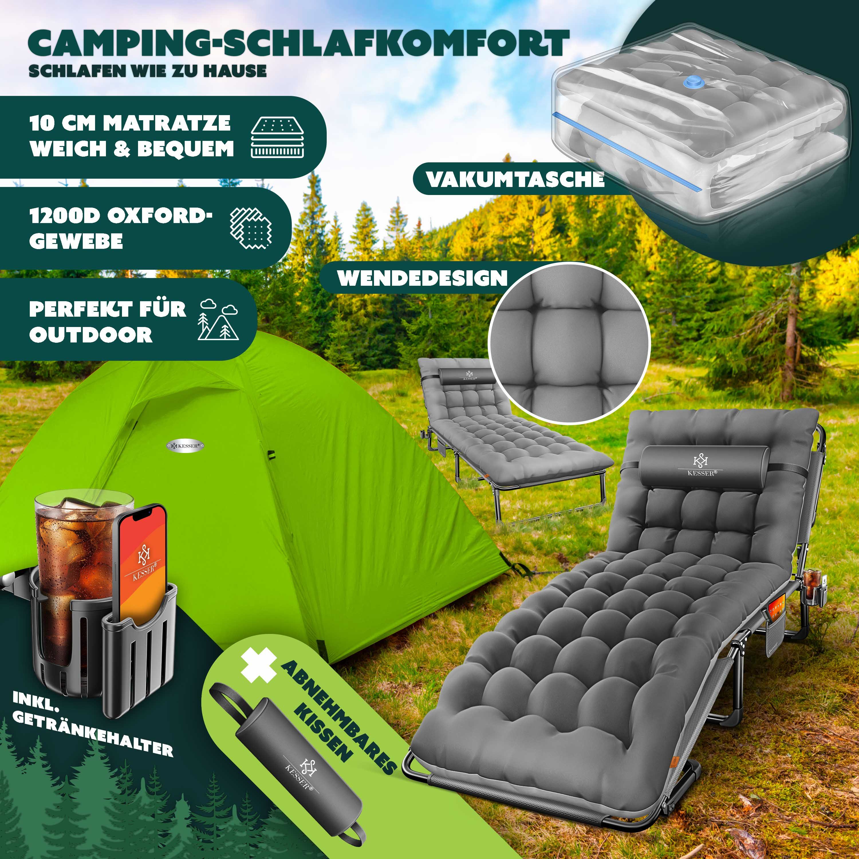 KESSER Campingliege Campingbett Campingliege Angelliege Karpfenliege klappbar (mit Tragetasche, Getränkehalter & Nackenkissen bis 250 kg belastbar) 190 x 68 x 30 cm strapazierfähiges Oxford-Gewebe stabiles Stahlgerüst