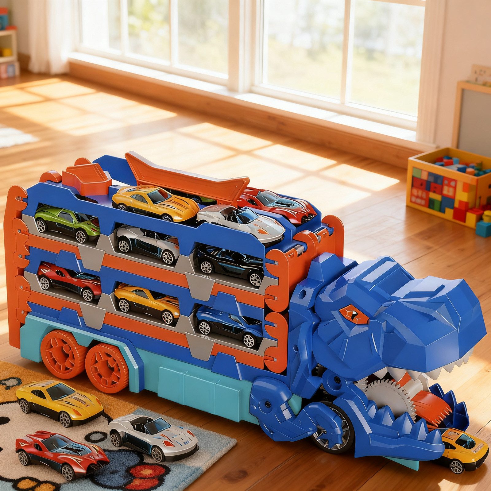 REDOM Spielzeug-Transporter Dino-Transporter Dinosaurier Spielset, (Dinosaurier-Transport-Lkw mit 150 cm Rennbahn 6 Metall-Mini-Autos, 1-tlg., Ausziehbare zweispurige Bahn und Verschlingungsmechanismus), Lernspielzeug Geschenk für Kinder ab 3 Jahren