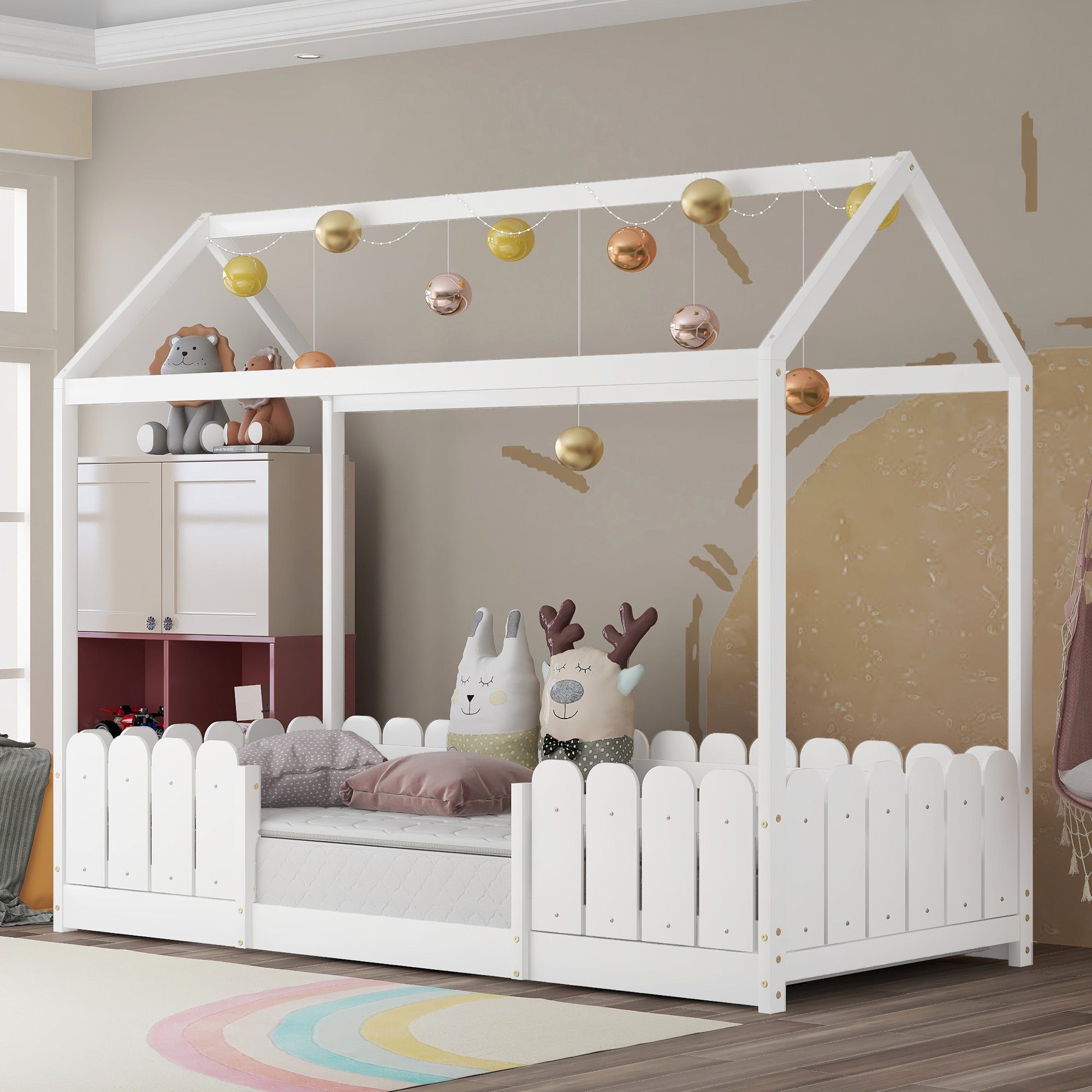 Bett ohne Holzbett Kinder mit Kiefer Holz Kinderbett Rausfallschutz WISHDOR 90x200 Weiß Matratze), aus (Kinderhaus Massivholzbett Jugendbett mit Zaun Hausbett cm Lattenrost