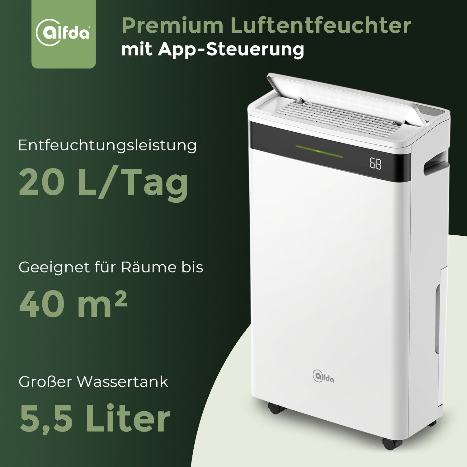 alfda Luftentfeuchter AEF2000W, für 100 m³ Räume, Entfeuchtung 20,00 l/Tag, Tank 5,50 l