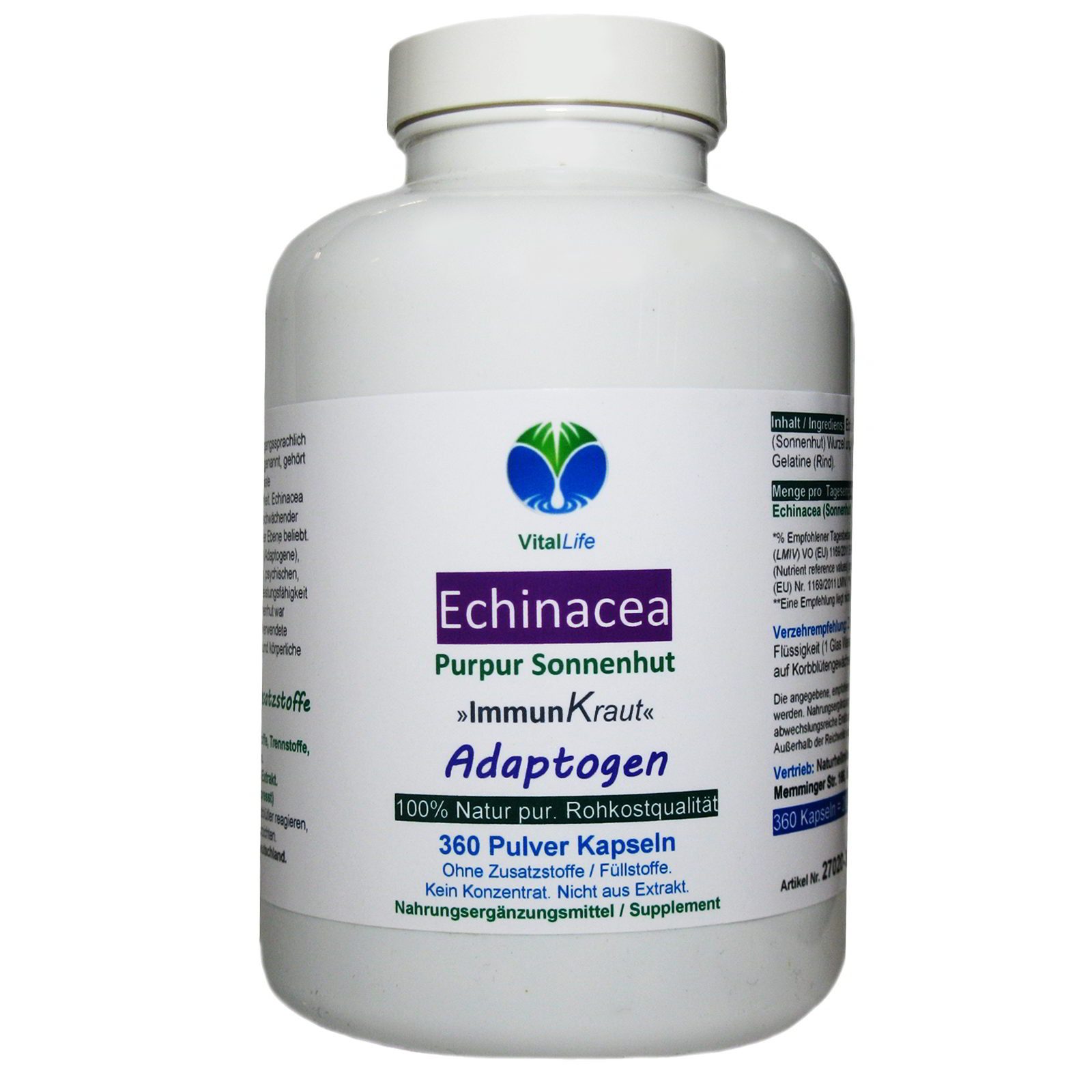 VitalLife Echinacea Purpurea Sonnenhut Kraut + Wurzel - Ohne Zusätze - Kapseln, 1 er Dose à 360 St., 205,2 g, Art. 27020-360