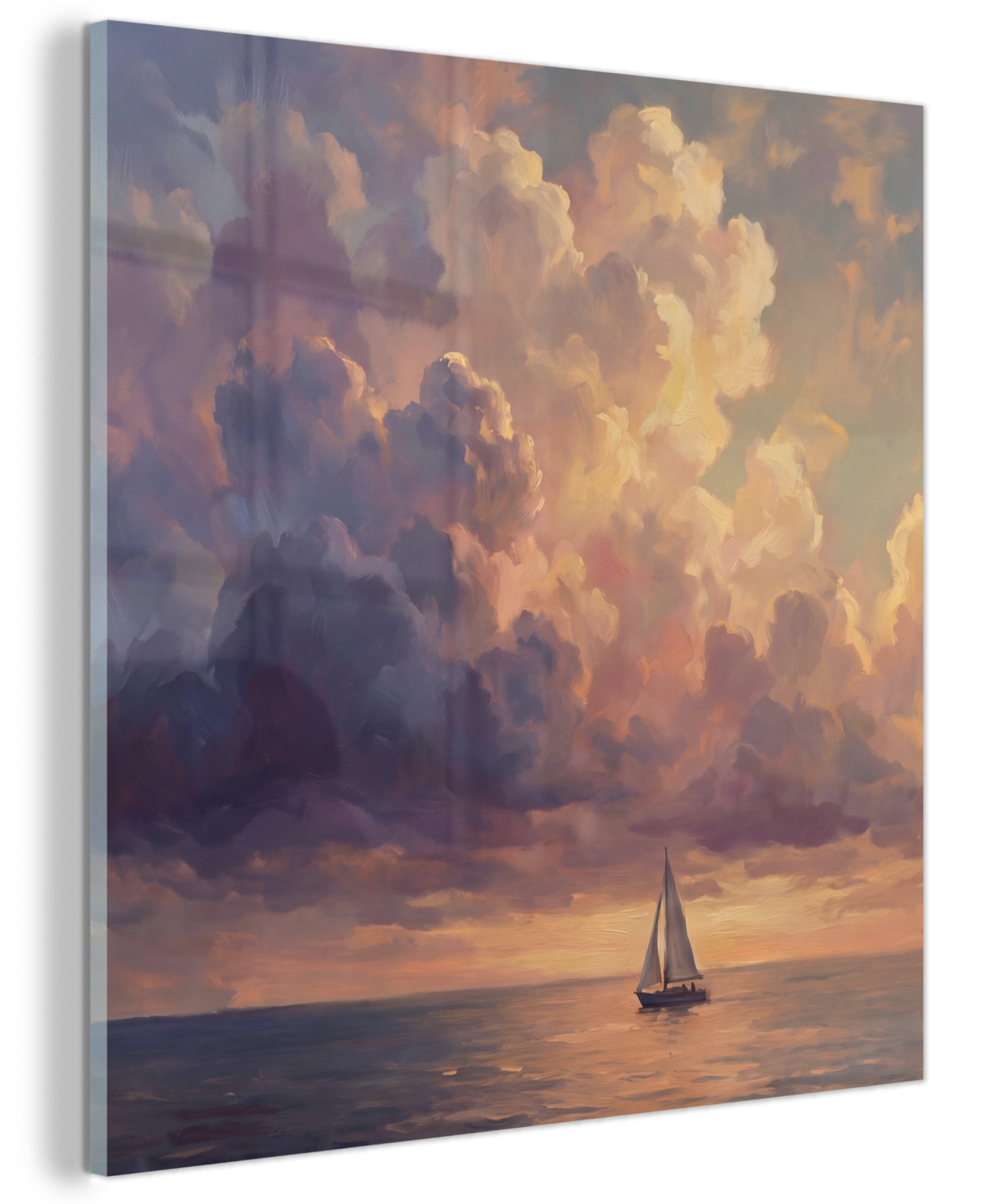 MuchoWow Acrylglasbild Boot – Sonnenuntergang – Meer – Natur – Gold, Inkl. Aufhängung, Bilder auf Glas Wandbild, Wanddeko Wohnzimmer Badezimmer, 20x20 cm