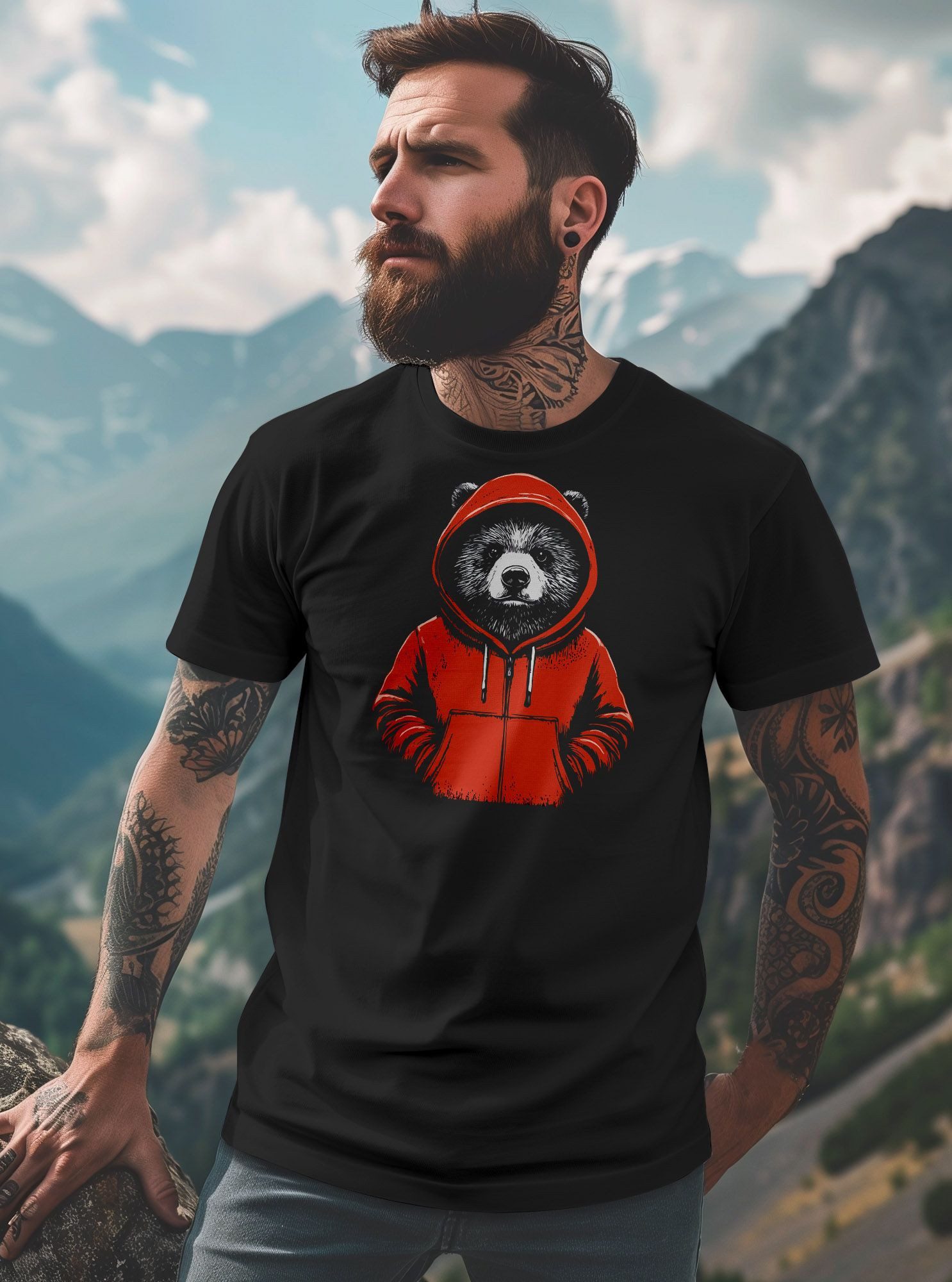 Neverless Print-Shirt Herren T-Shirt Bär Bear Comic Gartoon Illustration Grafik Printshirt mit Print