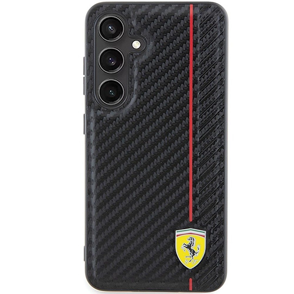 Ferrari Handyhülle Carbon Streifen Cover, Carbon-Optik, Kontraststreifen, Metall-Logo, Kameraschutz