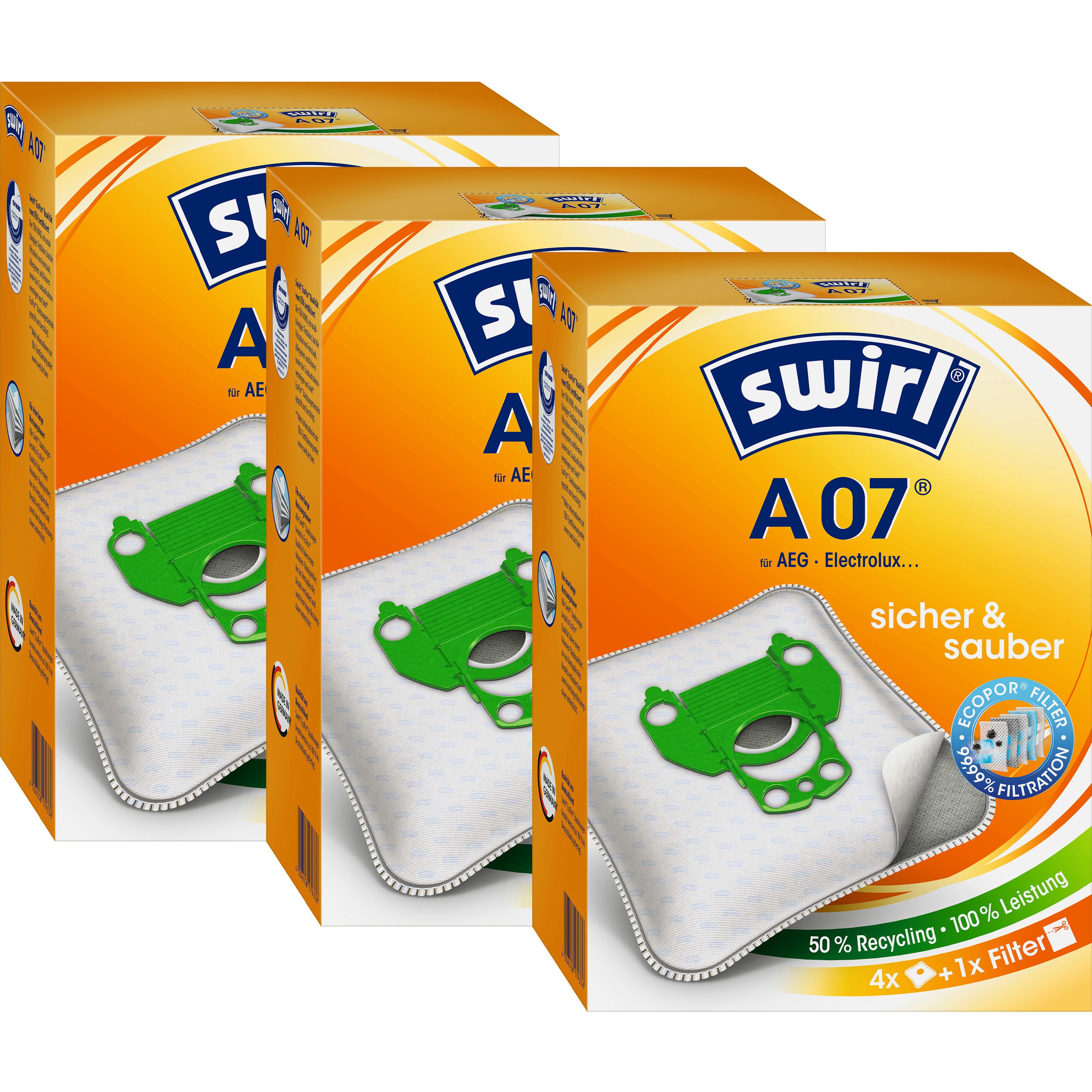 Swirl Staubsaugerbeutel A 07 EcoPor für AEG Electrolux 3er-Pack, 12 Beutel, passend für AEG
