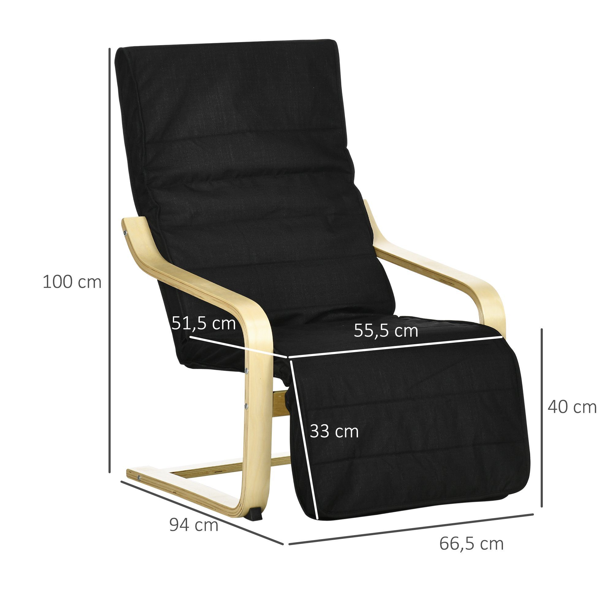 HOMCOM Relaxsessel Sessel Loungesessel mit Armlehnen, 5-fach verstellbare Fußteil (Ruhesessel, 1-St., Ruhestuhl), Schwarz 66,5 x 94 x 100 cm