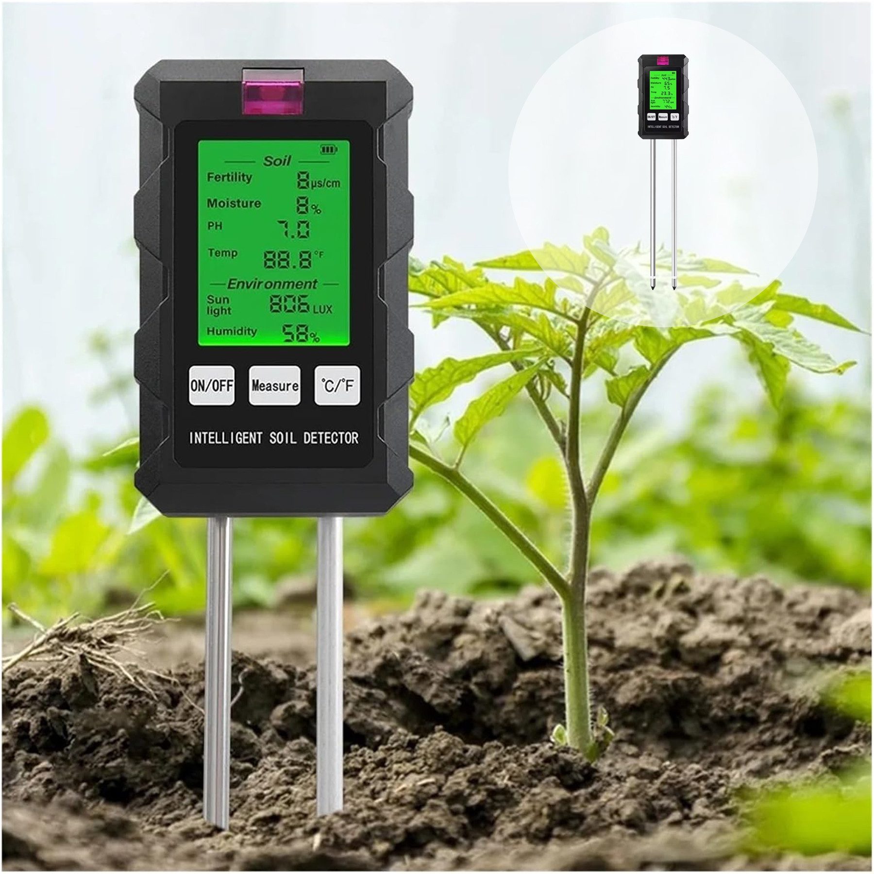 Senmudi Feuchtigkeitsmesser Bodenmessgerät 6-in-1 Bodentester Digital Bodentest Messgerät, (für pH Wert,Bodenfeuchtigkeit,Licht,Temperatur & Nährstoff,Soil Tester, für Gartenarbeit, Rasen, Landwirtschaft und Outdoor-Pflanzen), für Hobbygärtner,Balkon,erra